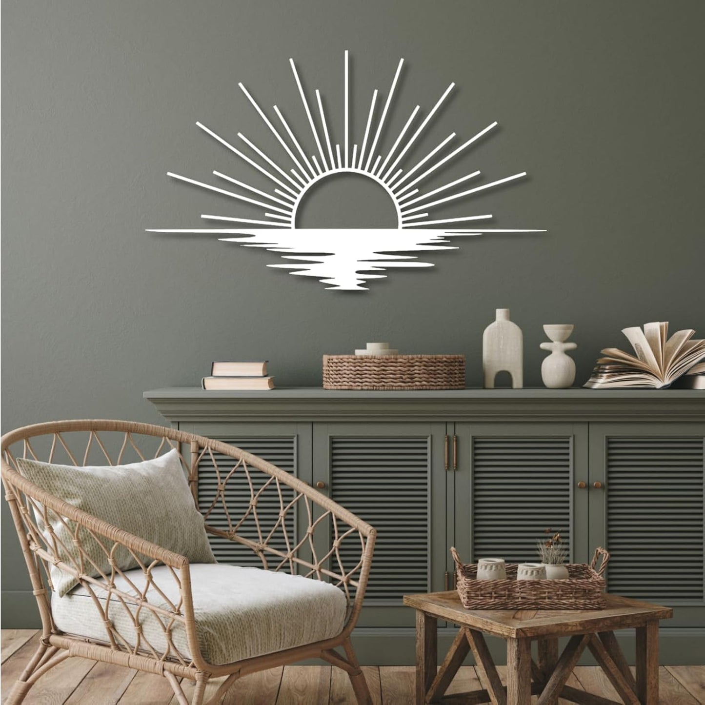 Sunrise Metal Wall Art, Metal Sun Wall Decor, Metal Sun Outdoor Decor, Large Metal Sun Wall Art, Sun Wall Art, Boho Sun Wall Art, Sunshine Metal Sign, Living Room Bedroom Wall Hangings (White, 59"x 35"| 150x89cm)