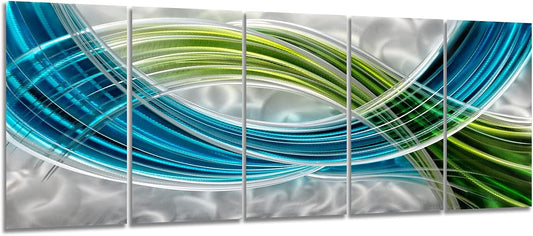 Yihui Arts Abstract Metal Wall Art - Hand Crafted 5 Pieces Panels Large Big Blue Teal Silver Unique 3D Aluminum Modern Contemporary Home Accent