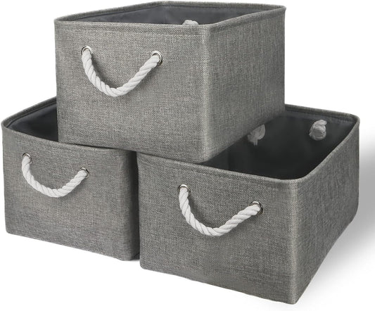 TheWarmHome Storage Bins - Medium 3 Pack Storage Baskets for Organizing Shelves | Fabric Storage Cubes Organizer for Linen Closet Nursery Home Decor Grey