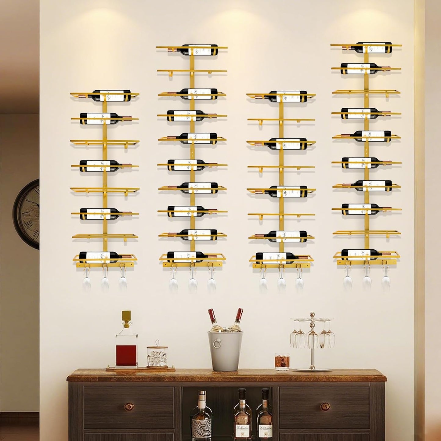 8 Bottle Wall Mount Wine Rack with Wine Glass Holder, Metal Wine Wall Rack, Wall Racks for Wine Bottles Display and Storage, Hanging Bottle Organizer for Living Dining Room Wine Cellar Bar (Gold)
