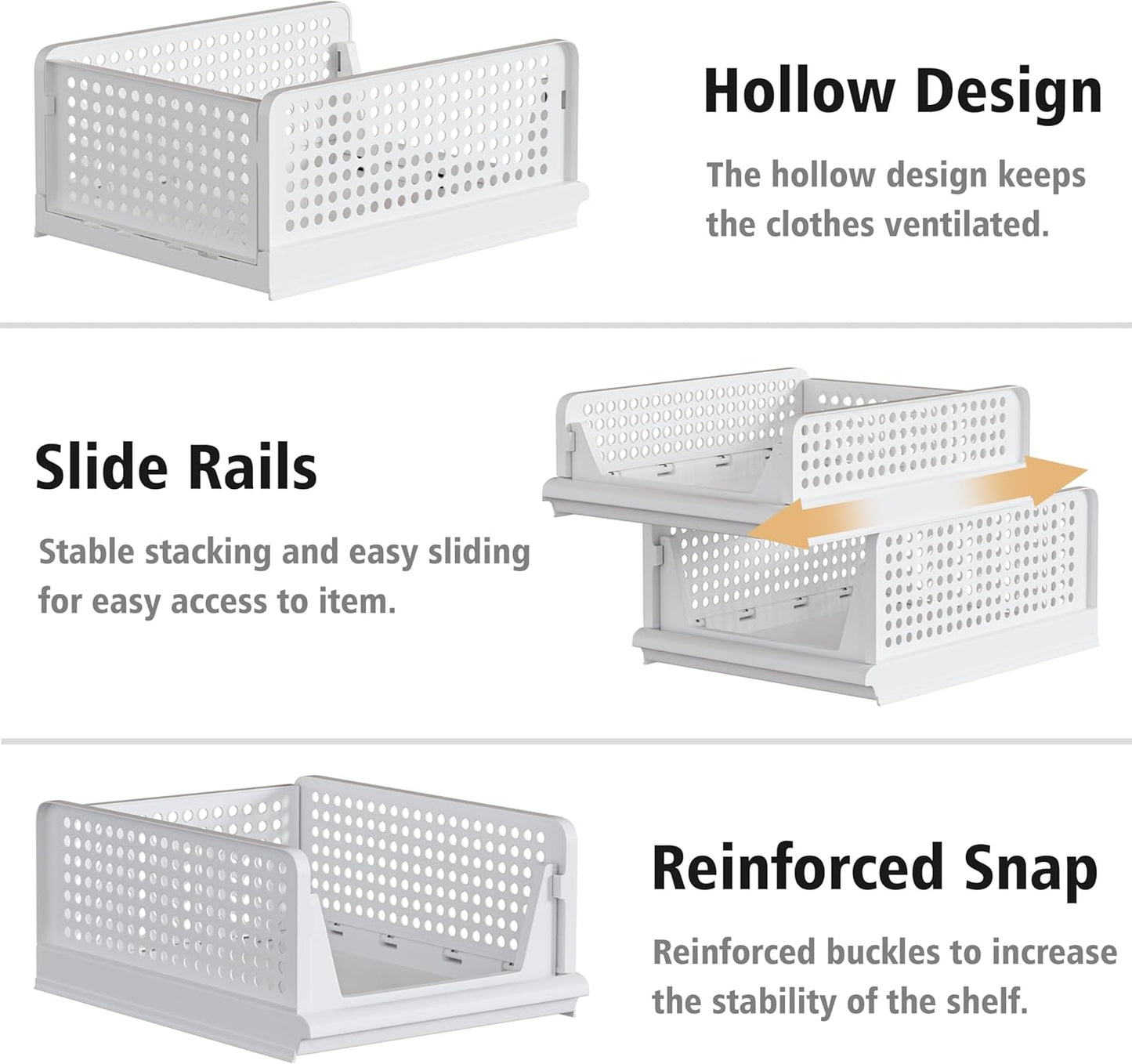 Stackable Plastic Storage Basket Closet Organizer Bin Foldable Clothes Organizer Storage Drawer Shelf Container for Living Room Bathroom Kitchen Office Laundry Room