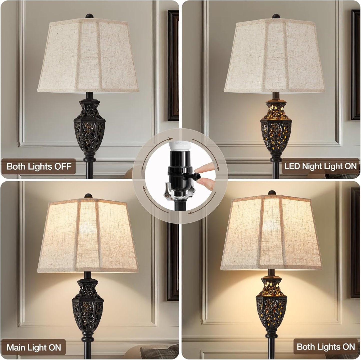 Luvkczc Vintage Black Floor Lamp - Hand-Painted Gold Resin with 6-Sided Carved Hollow Nightlight, Traditional Standing Lamp for Living Room, Bedroom, Study (Bulb Included)