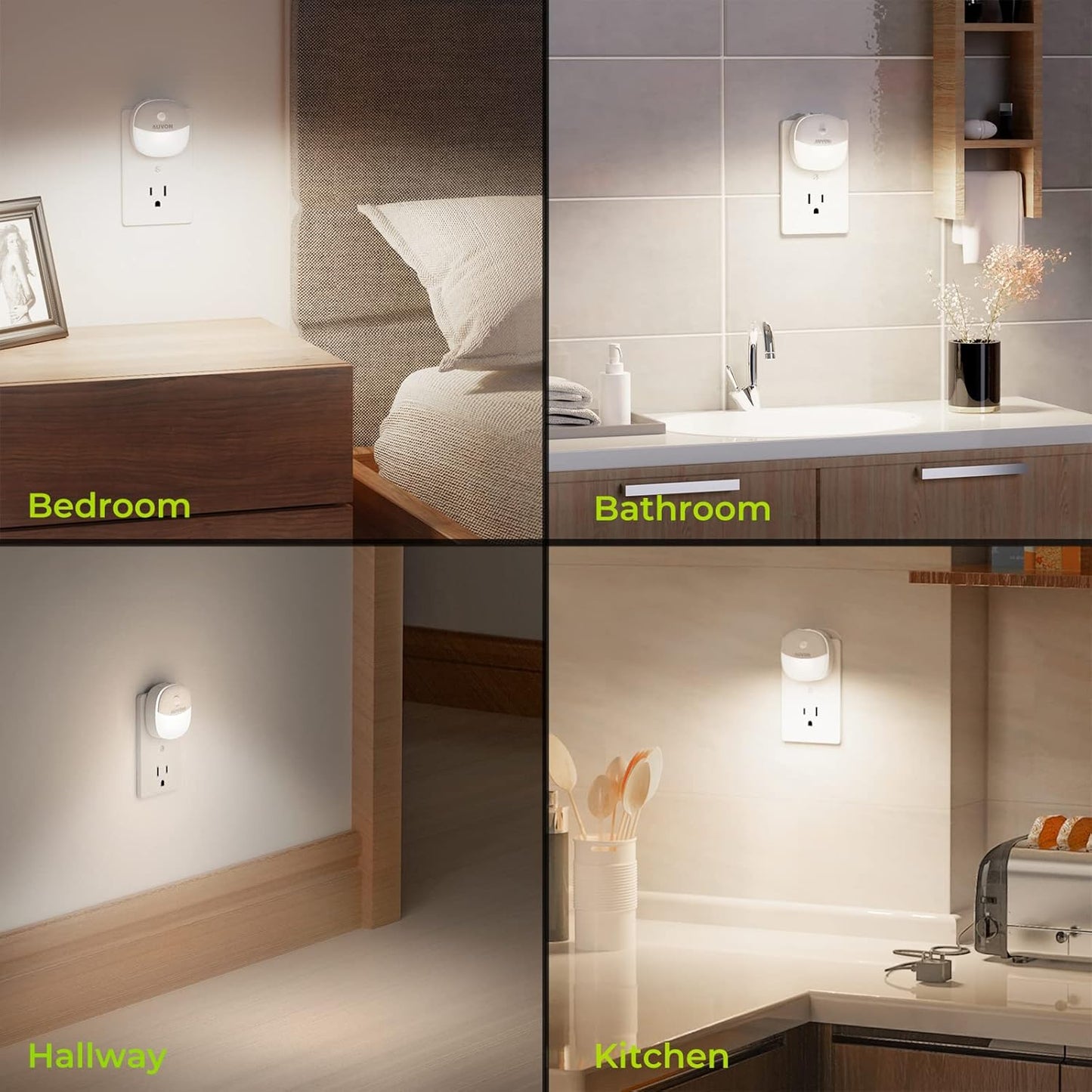AUVON Plug in Night Light with Motion Sensor and Dusk to Dawn Sensor, Mini Cool White LED Nightlight with 1-50 lm Adjustable Brightness for Bathroom, Hallway, Stairs, Bedroom, Kitchen, 4 Packs