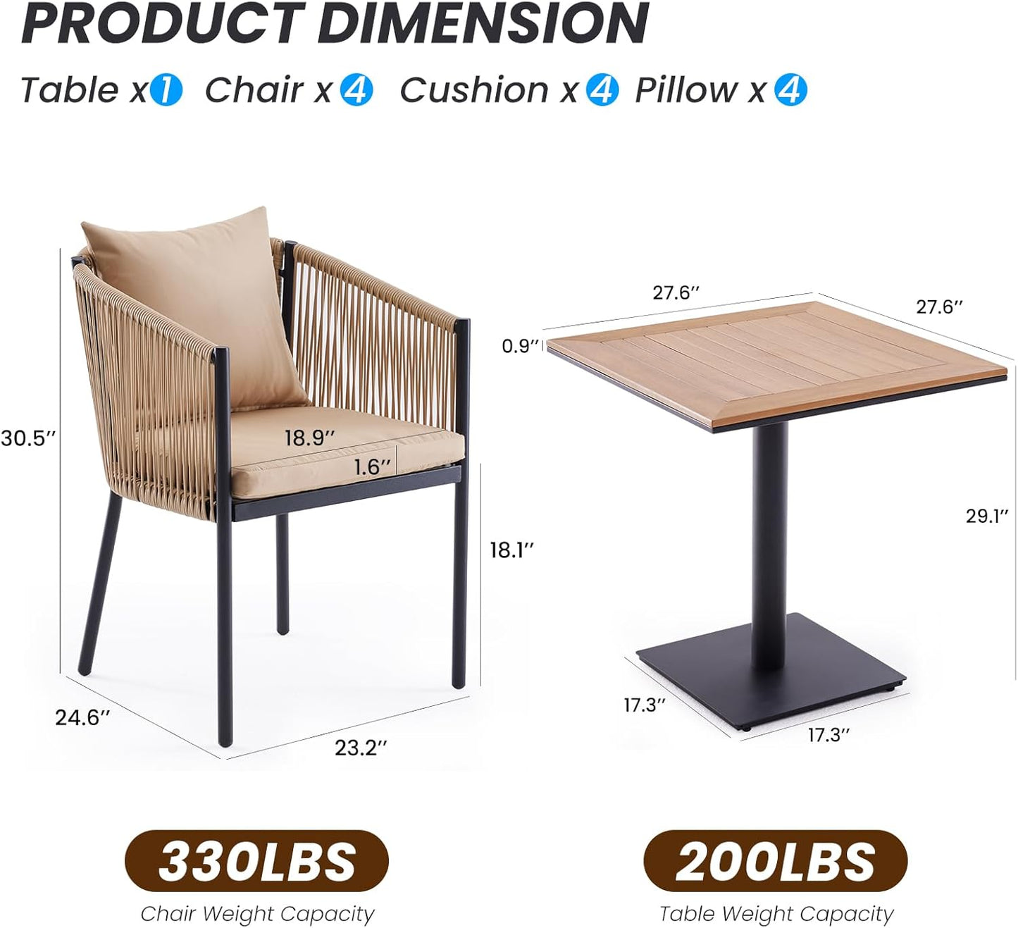 Soohow 5 Pieces Outdoor Dining Set for 4, Patio Table and Chairs Set 4 X Rattan Wicker Patio Chair with Cushions and 1 X Outdoor Table Plastic Wooden Top for Lawn, Deck Backyard, Poolside