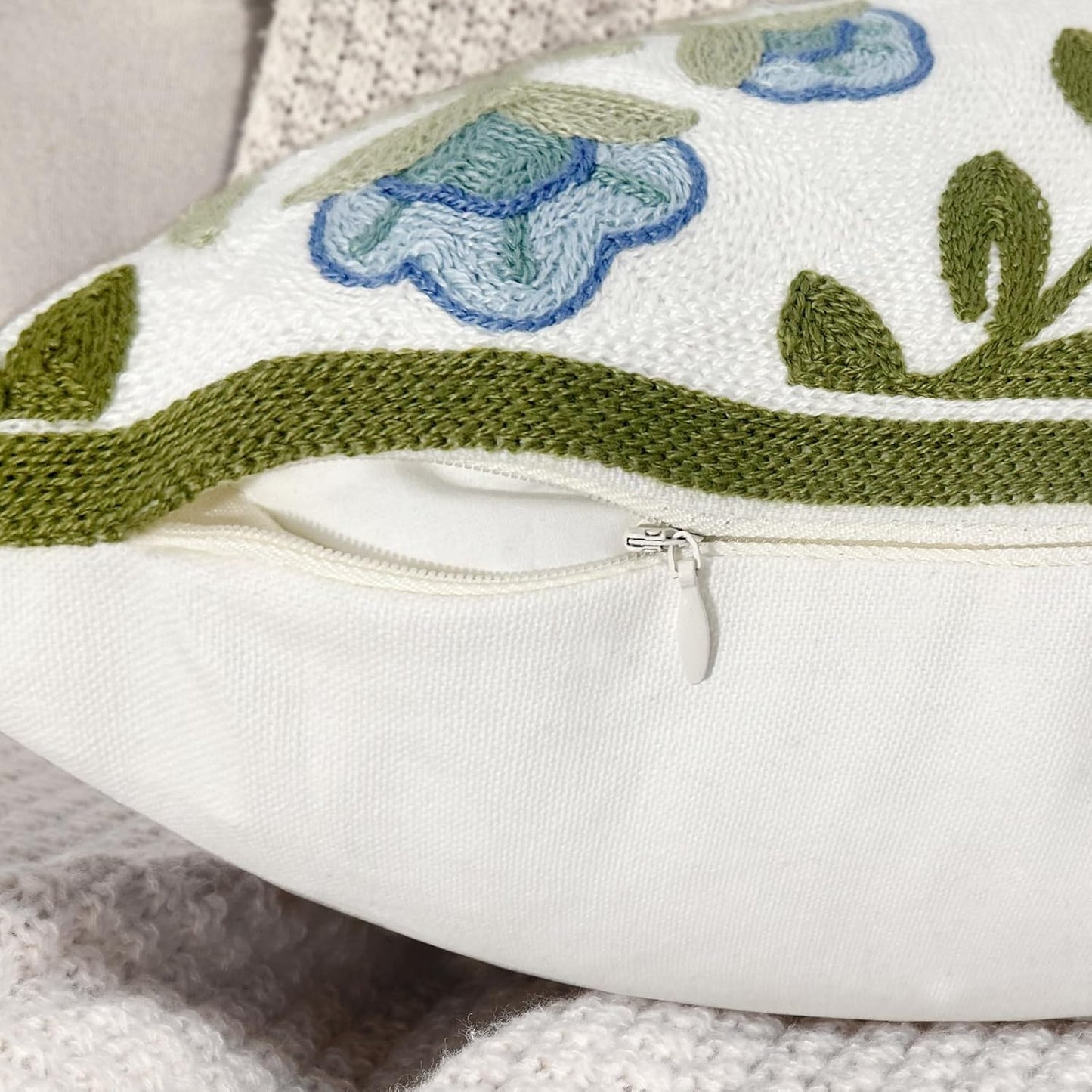 Alysheer Floral Embroidered Summer Decorative Throw Pillow Covers 18"x 18" Set of 2, Farmhouse Blue Flowers Green Vines Patterned Cotton Cushion Cases for Couch Bed Living Room Cottage Decor