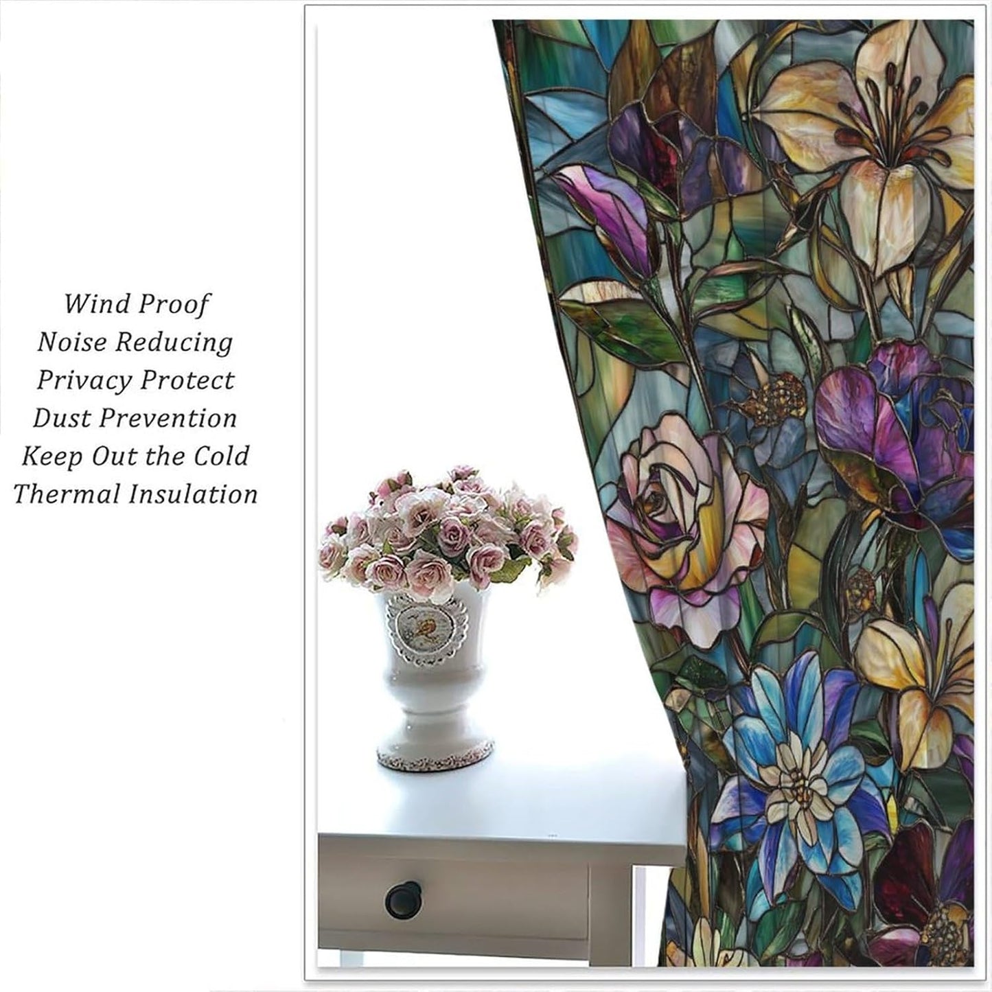 Stained Glass Curtains,Retro Colored Glass Flowers Art Home Decor Drapes for Bedroom Living Room Kitchen Window Treatment 2 Panels Set Total Size 55" W X 63" L Inch