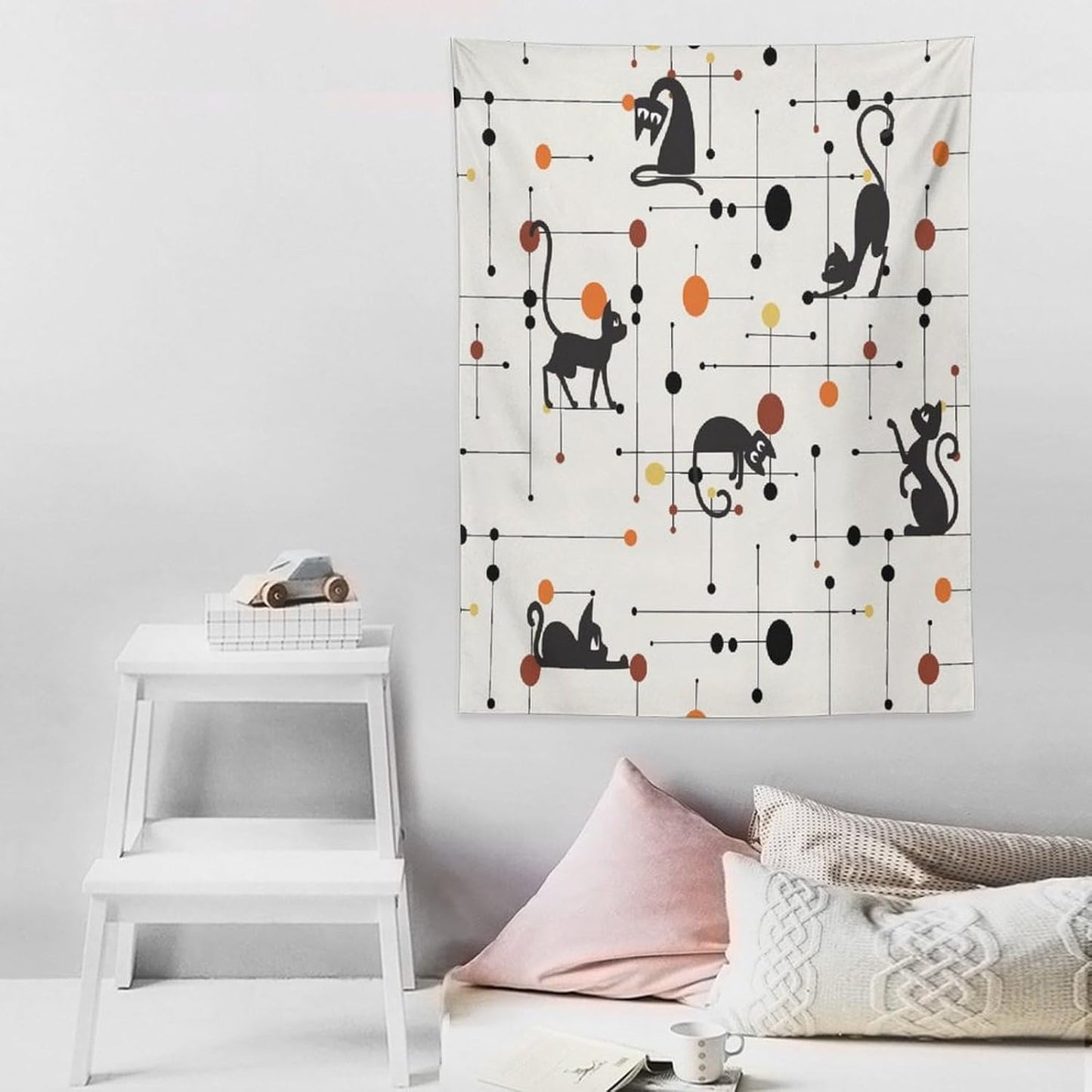 ICMOLYYENLO Abstract Cat Tapestry, Medieval Abstract Atomic Star Cat Vintage Home Wall Hanging Art Tapestry for Bedroom Living Room Dormitory 60x60 Inch