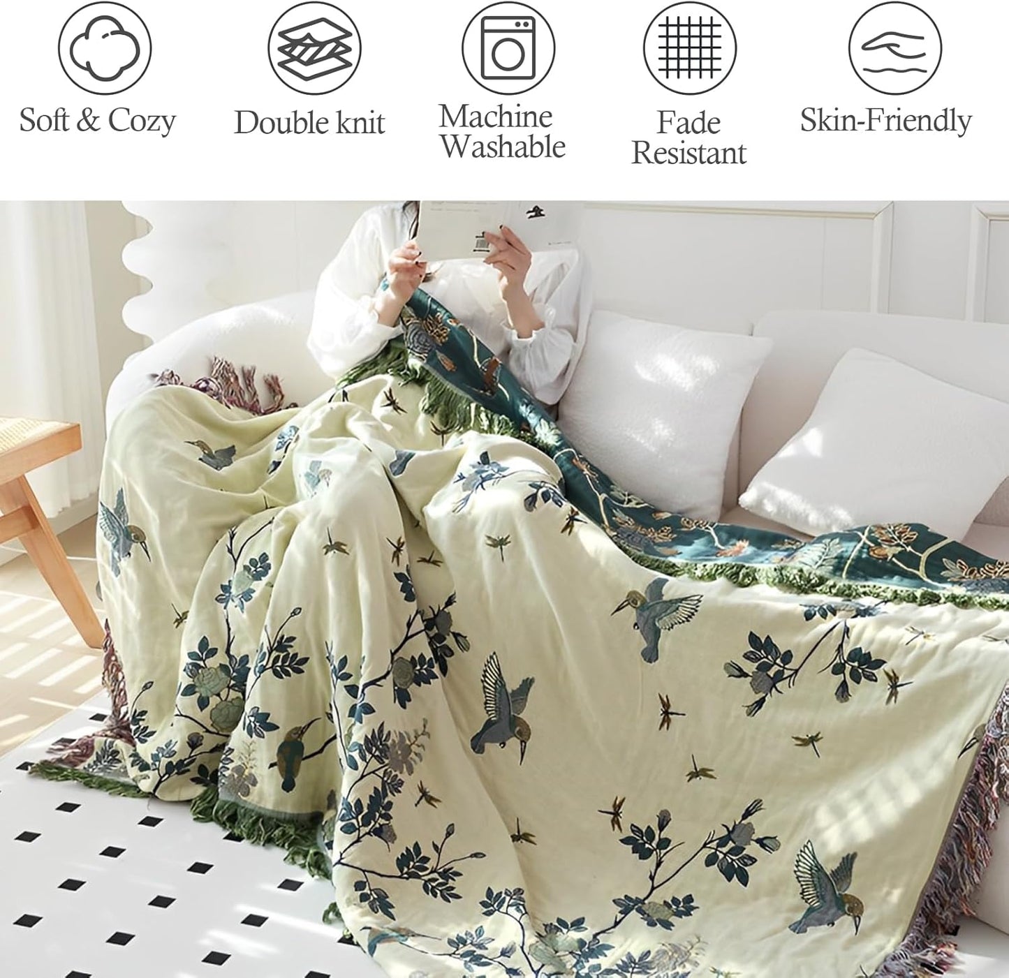 Snycler Boho Throw Blanket for Bed - 100% Cotton Ultra Soft Rustic Quilt Blanket Green Floral Bird Printed Farmhouse Decor Bed Blankets, 60"×80" All Season Rustic Throw for Sofa Chair Couch