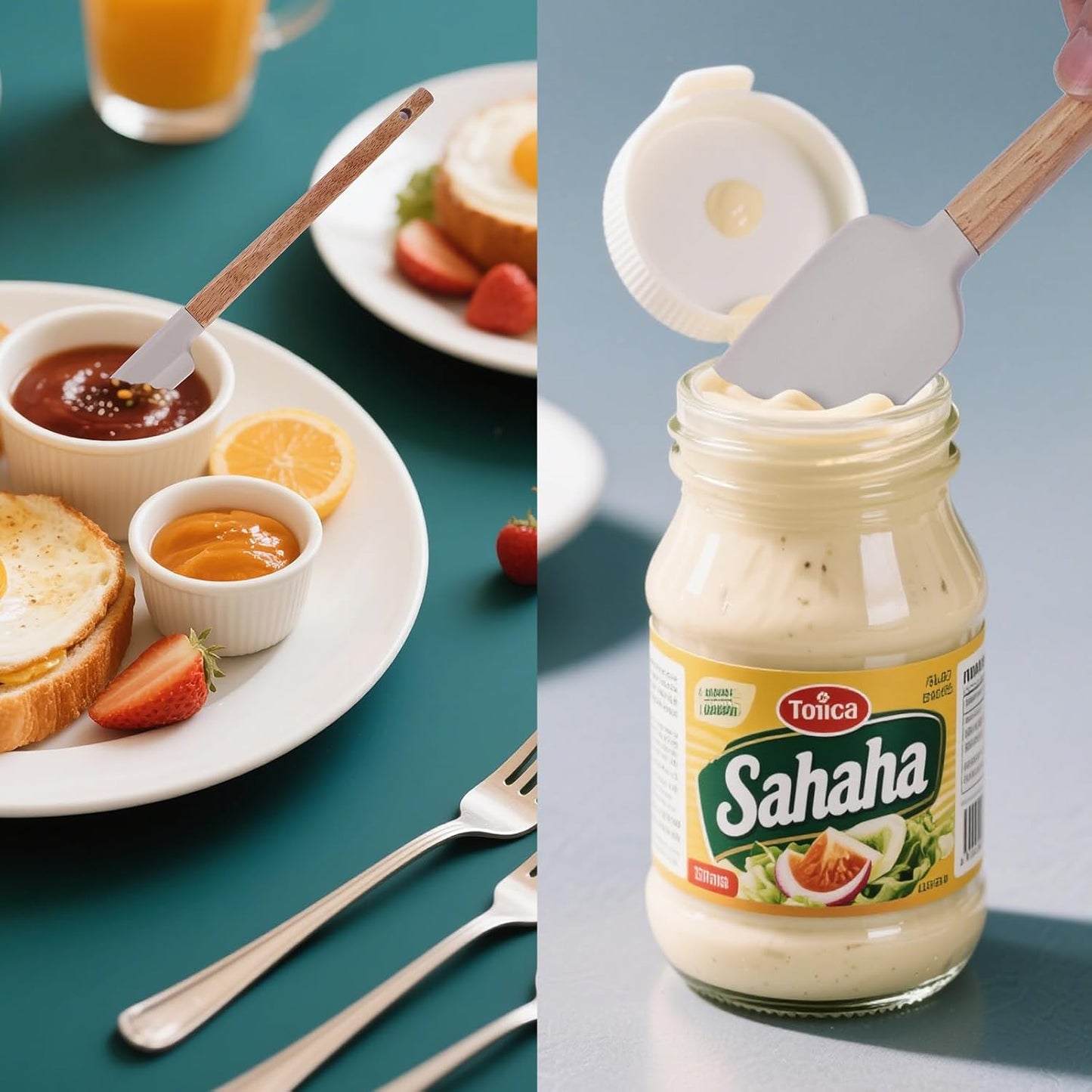 Ptanexx Wooden Handle Silicone Spatula Set 5 Piece, Batter Mixing Spatula, Spatula for Cooking, Jars, Baking, Mixing, Frosting