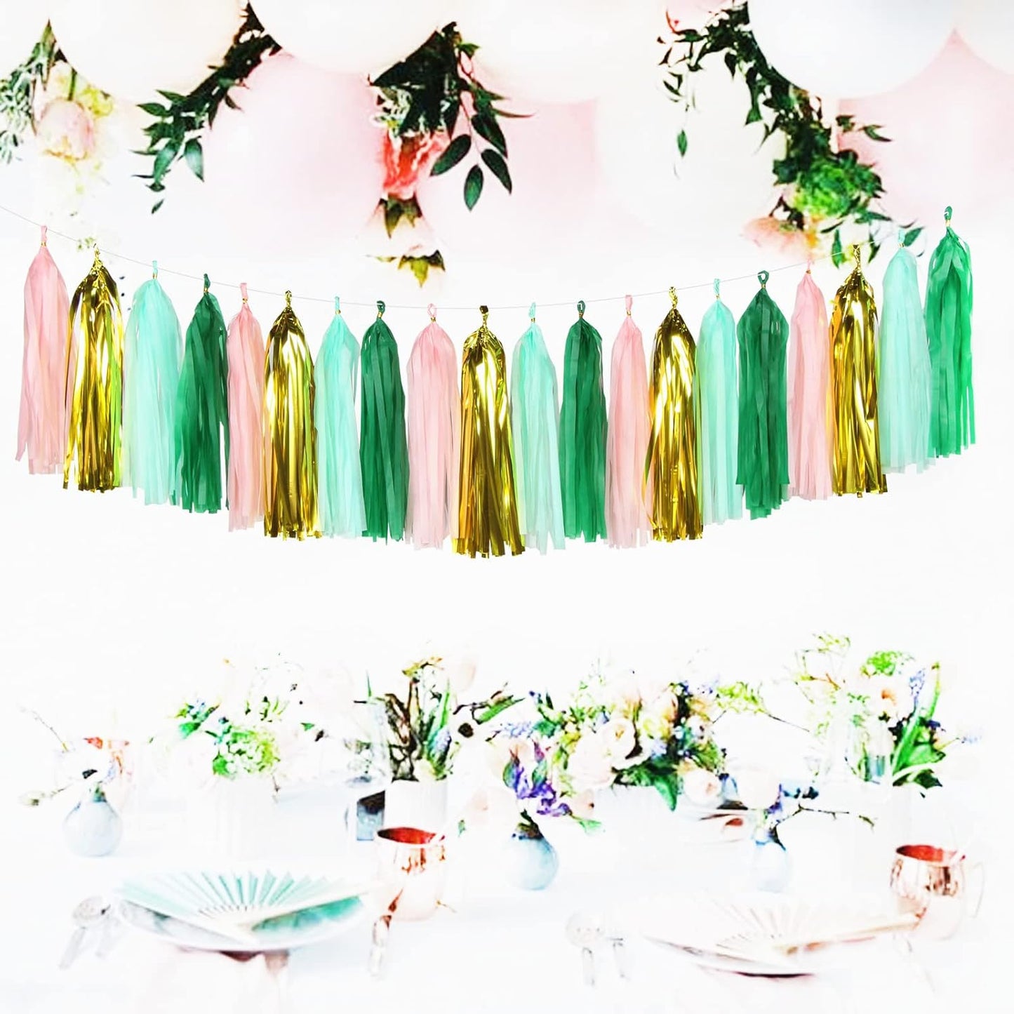 Sage-Green Pink-Gold Party-Decorations Tassel Garland - 20pcs Bachelorette Engagement Baby Bridal Shower Tassels Streamers Rustic Wedding Jungle Birthday Party Spring Decor Panduola