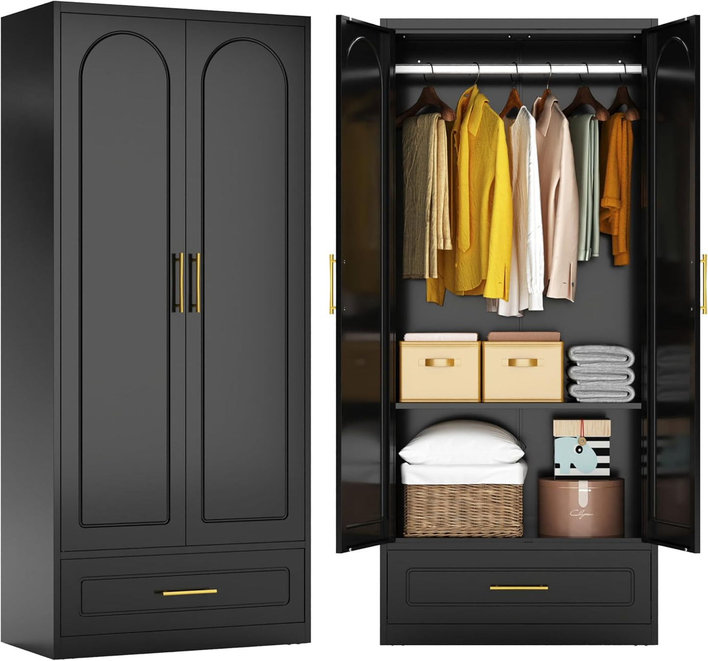 71" Metal Armoire Wardrobe Closet with 2 Doors and Drawer, Tall Wardrobe Cabinet with Hanging Rod and Adjustable Shelves, Black Clothing Storage Cabinets for Bedroom, Home Office