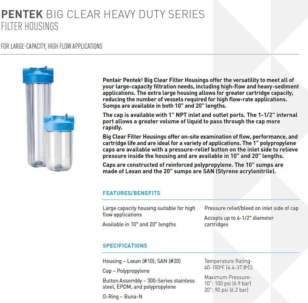 Pentair Pentek 166201 Big Clear Filter Housing, 1" NPT #20 Whole House Heavy Duty Water Filter Housing with Pressure Relief Button, 20-Inch, Blue/Clear