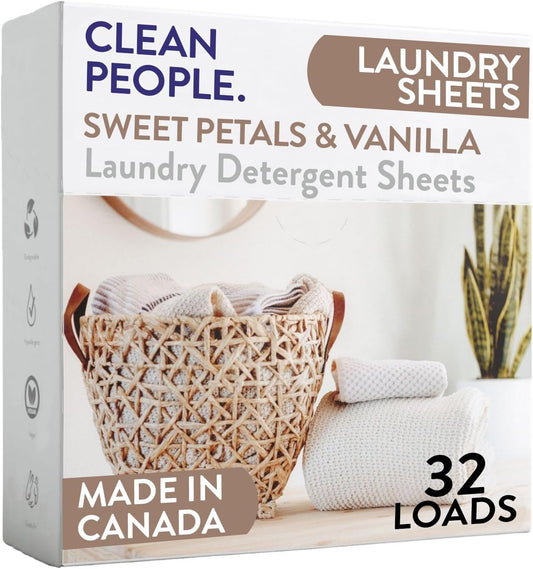 The Clean People Laundry Detergent Sheets - Laundry Soap - Ultra Concentrated, Recyclable Packaging, Stain Fighting - Sweet Petals & Vanilla, 32 Pack