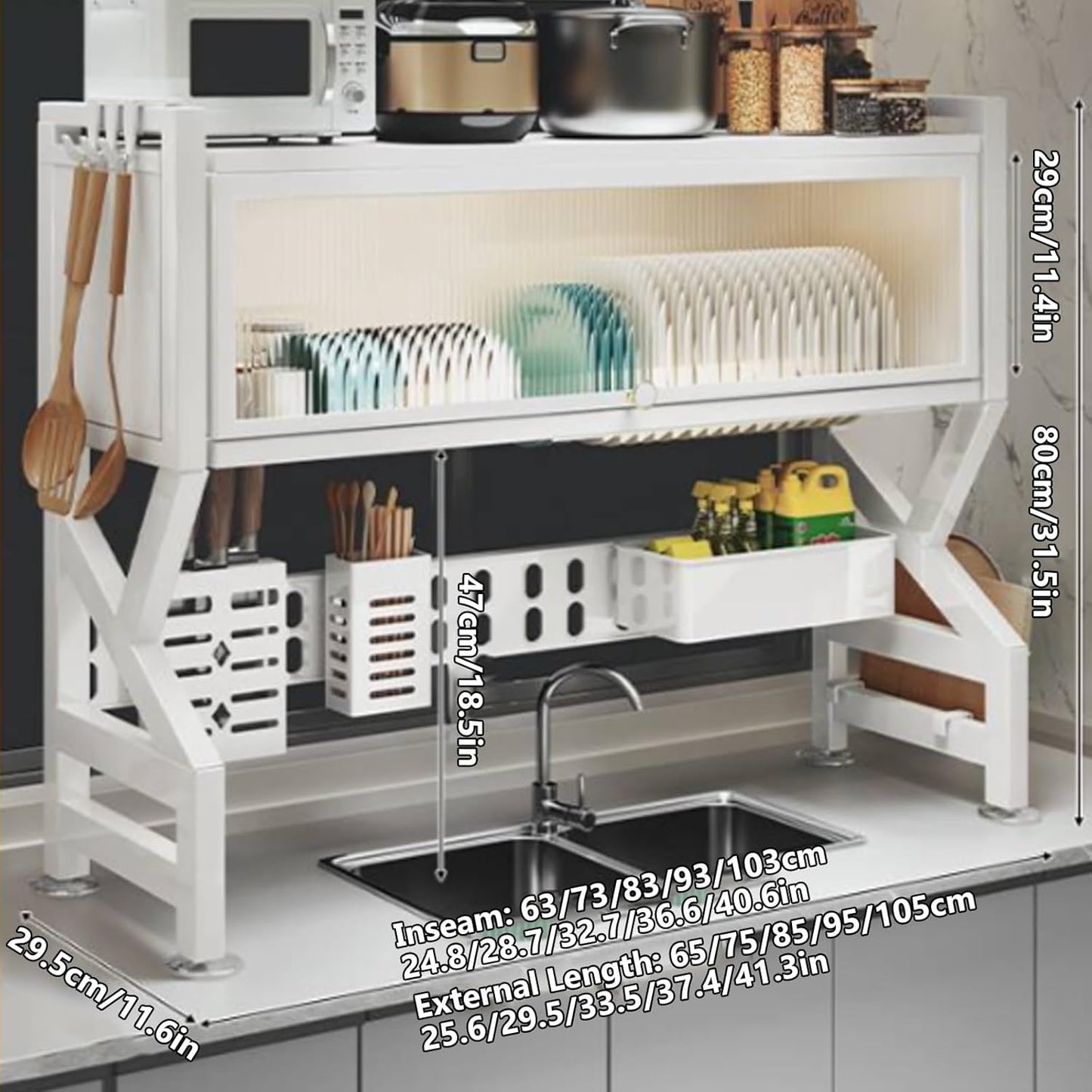 Kitchen sink rack dishwashing sink countertop dustproof cupboard storage multifunctional tableware storage drain rack double layer,KeepKitchen Sink Shlef Organized Space-Saving(Black,95cm/37.4in)