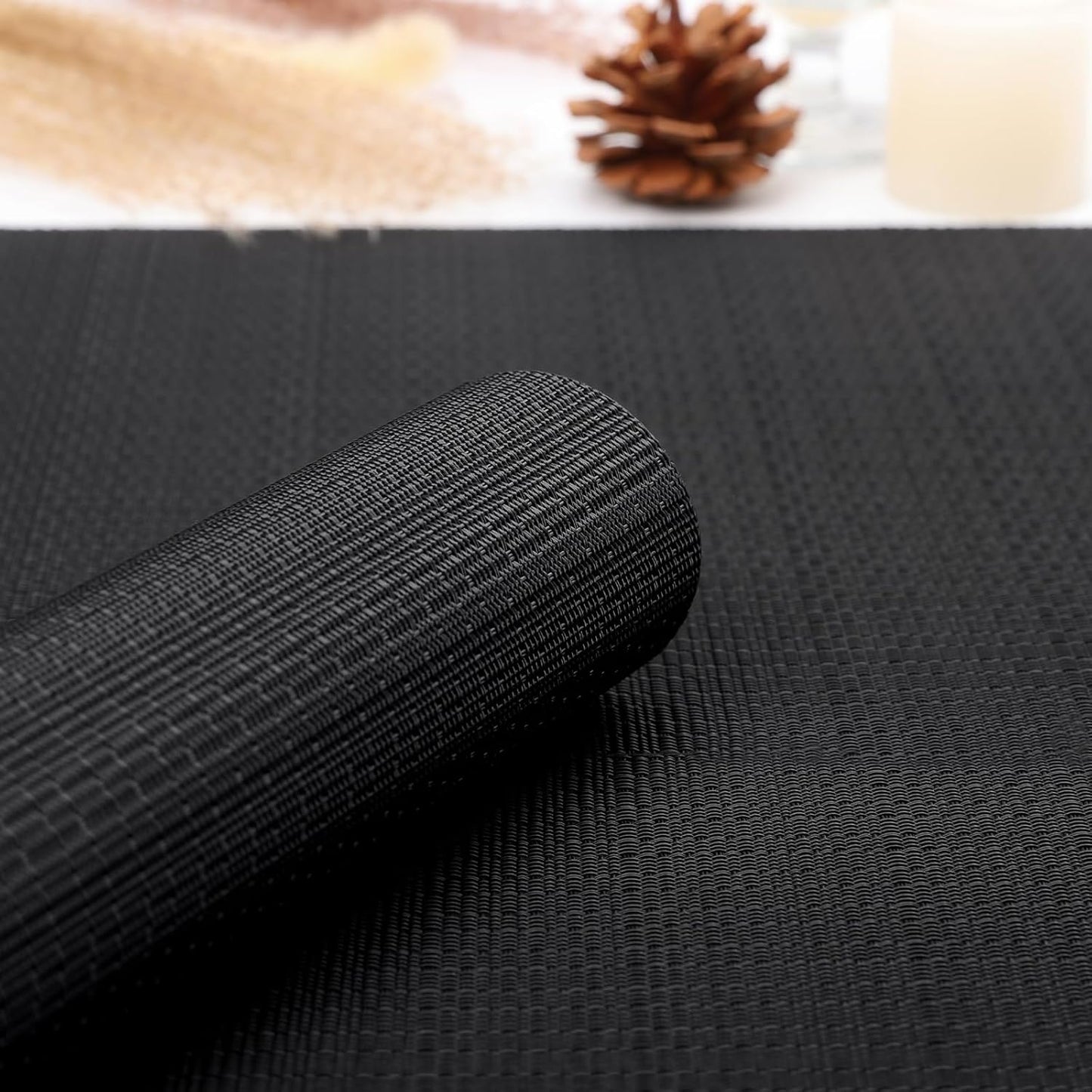 Myir JUN Placemats Set of 6, Vinyl Woven Placemats Place Mats Indoor Washable Table Mats Non-Slip Place mats for Dining Table (Black, Set of 6)