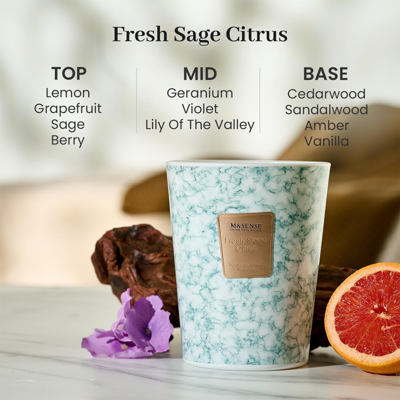 M&SENSE FreshSage Citrus Scented Candles for Home, 3-Wick Highly Scented Jar Candles, Extra Large Candle 35 Oz 150 Hours Long Lasting Burning, Relaxing Aromatherapy Candle for Stress Relief,Meditation