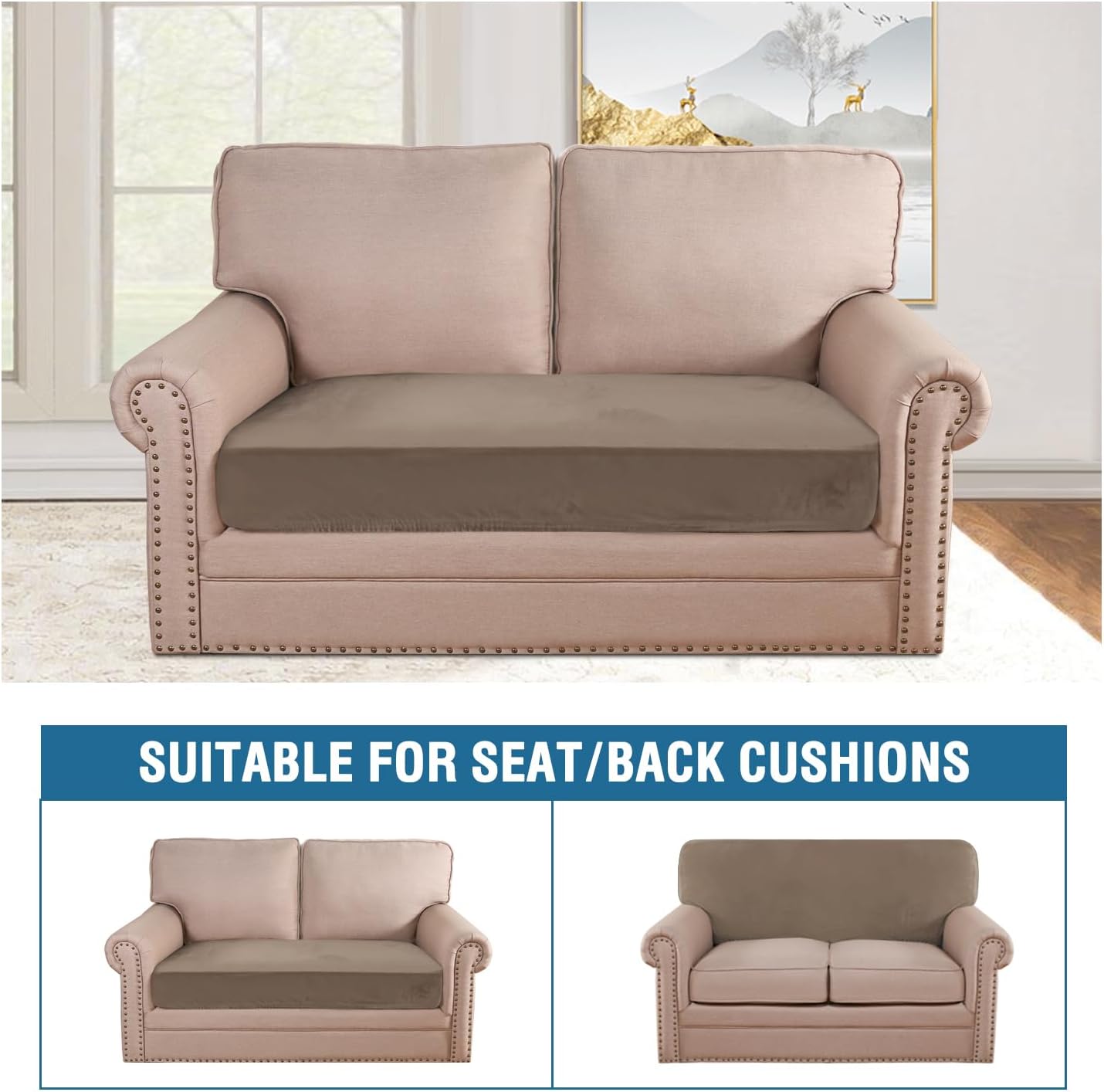 H.VERSAILTEX Velvet Stretch Individual Cushion Cover Plush Cushion Slipcover for Loveseat Sofa Furniture Protector Seat Cushion Sofa Cover (1 Piece Loveseat Cushion Cover, Mocha)