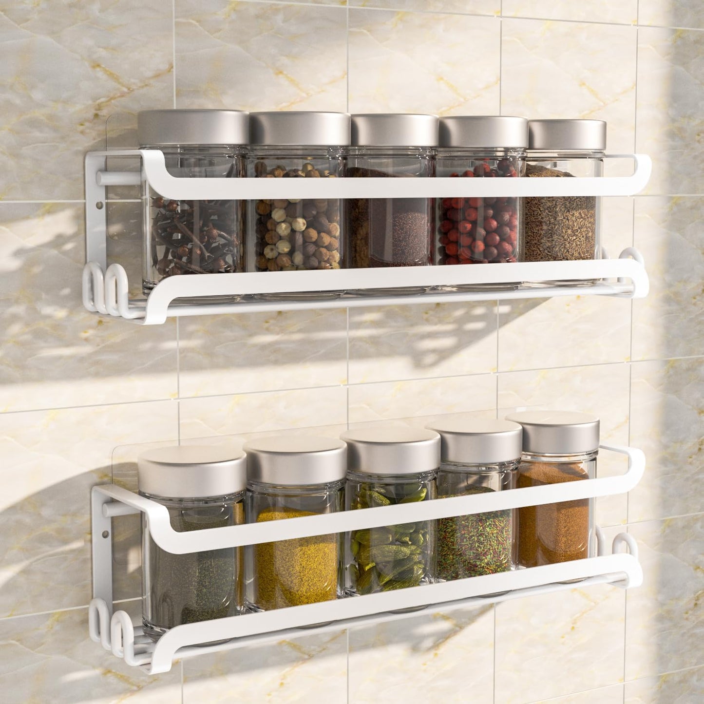 LUCYCAZ 2 Pack Wall Mounted Spice Rack with 16 Hooks, Spice Organizer Shelf for Stove Cabinet Pantry Door,Screw or Adhesive Spice Shelf Hanging Wall Spice Rack in Kitchen and RV (White, 2 PACK)
