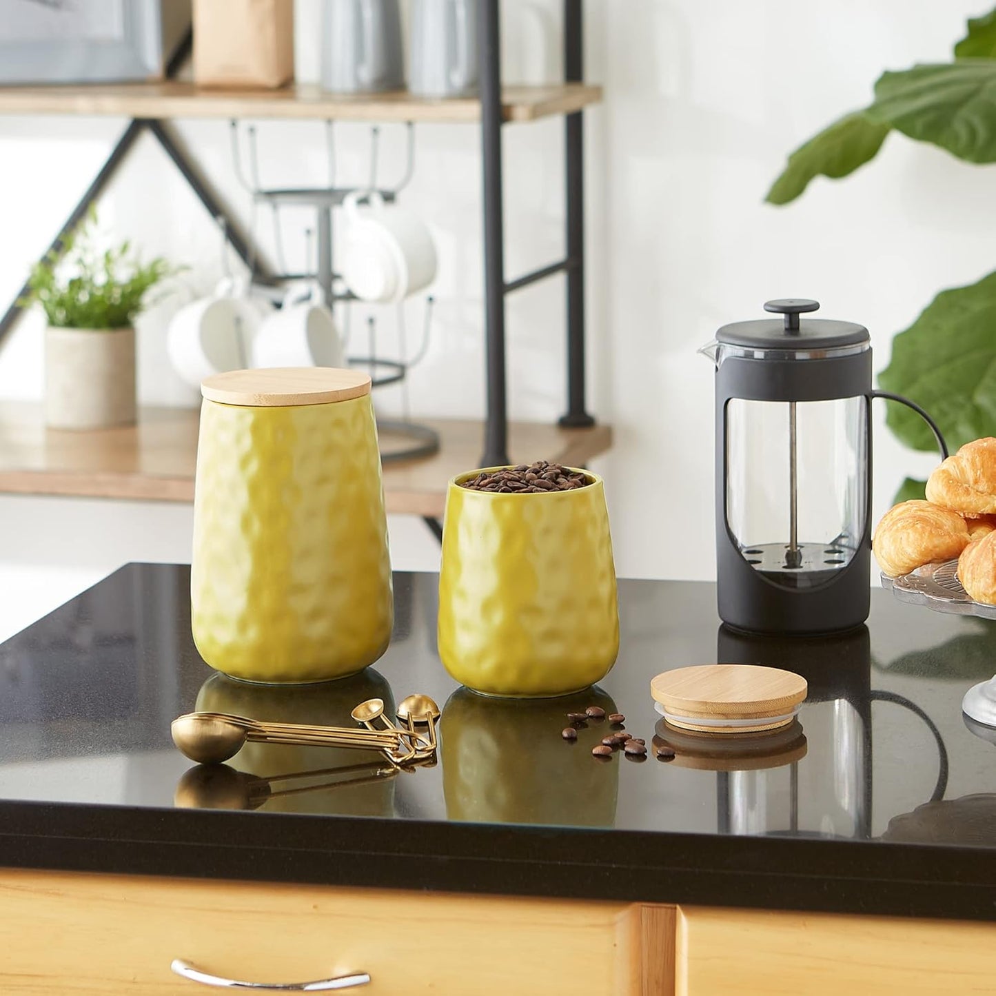 DII Kitchen Accessories Collection, Textured Matte Ceramic Canister Set, Lemongrass, Dimple, 2 Piece