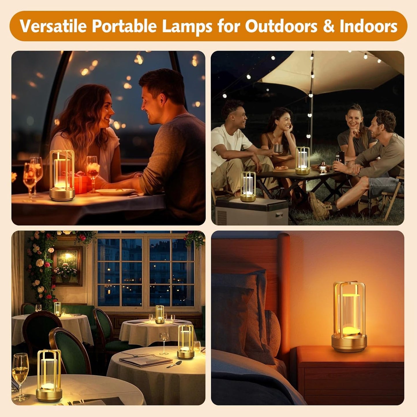 Portable Table Lamp for Outdoor Indoor: Cordless Rechargeable Desk Lamp with 3 Color Stepless Dimmable - Metal Battery Operated Small Lantern Light for Restaurant/Bedroom/Bar/Coffee Shop/Camping
