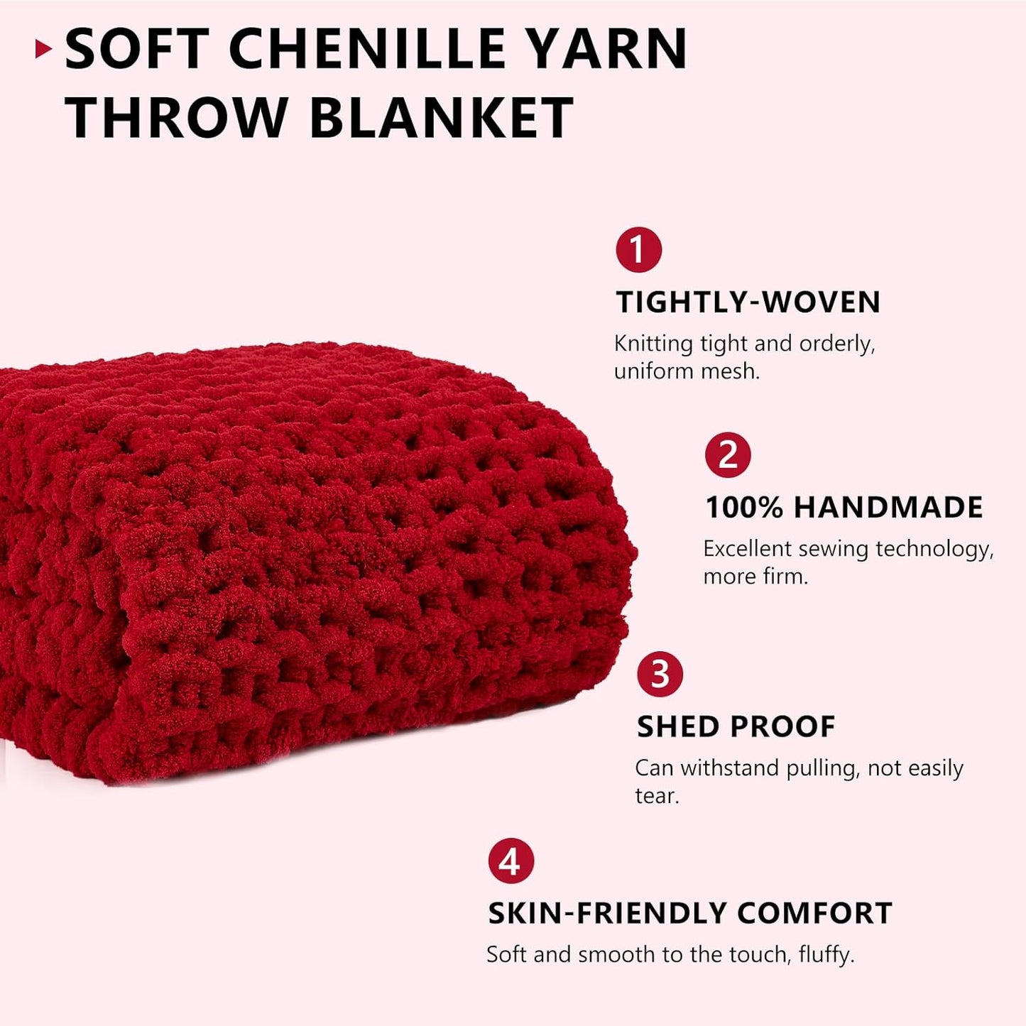 L'AGRATY Chunky Knit Blanket Throw: 80''x90'' Chenille Chunky Knitted Throw Blanket for Bed Couch - Handmade Thick Big Cable Knit Blanket - Large Chunky Crochet Rope Blanket for Home Decor(Red)