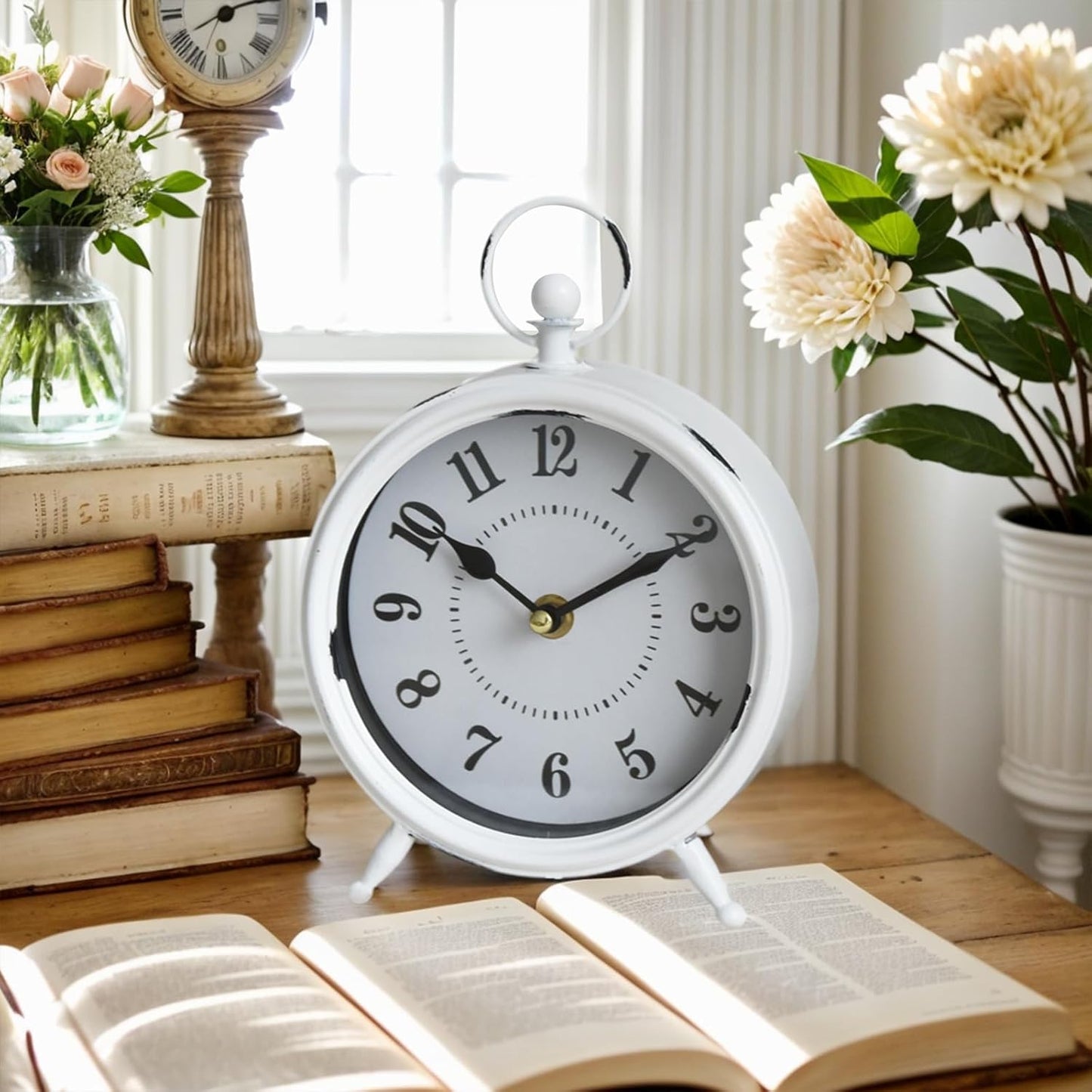 Small white table clock Vintage Rustic White Table Clock on Stand, Decorative Desk and Shelf Clock Farmhouse Mantel Clock Rustic Non-Ticking Clock