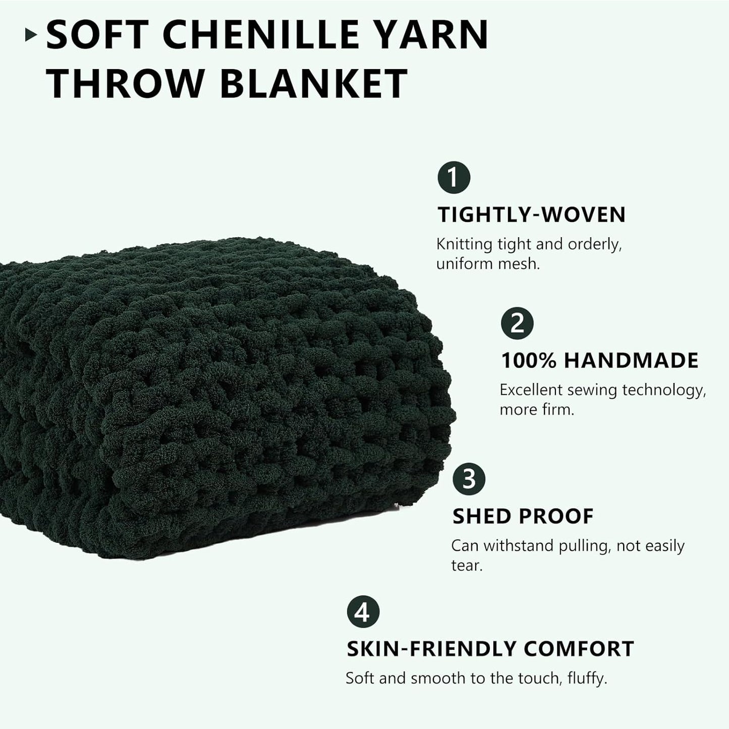 L'AGRATY Chunky Knit Blanket Throw: 72''x84'' Chenille Chunky Knitted Throw Blanket for Bed Couch - Handmade Thick Big Cable Knit Blanket - Large Chunky Crochet Rope Blanket for Home Decor(Green)