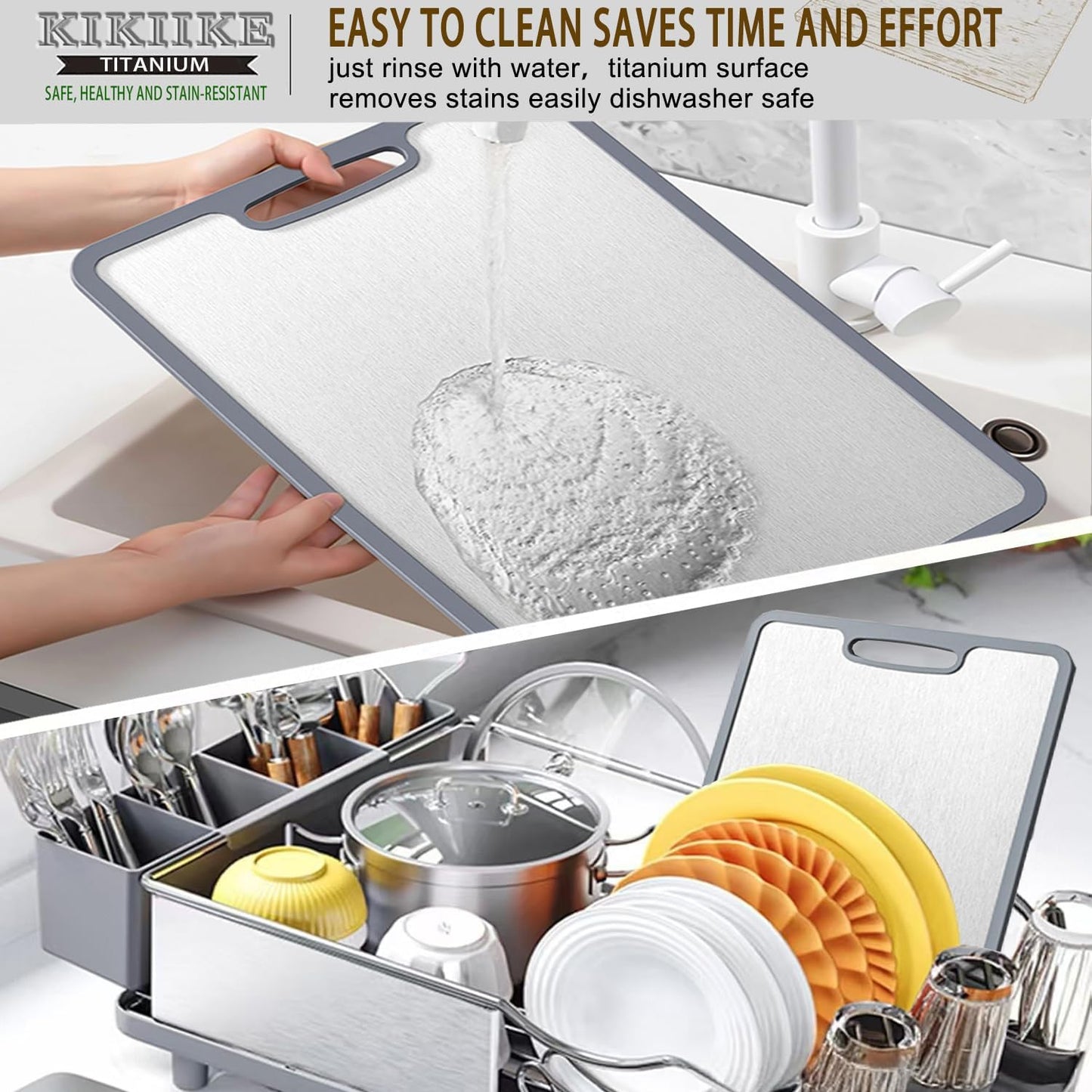 Titanium Cutting Board Double-sided non-slip silicone edging Pure Titanium Cutting Boards for Kitchen - Double-Sided Food-Grade Chopping Board Non-Stick Durable and easy to clean (Large)