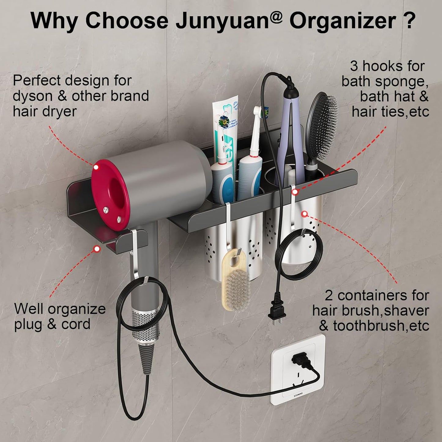 junyuan Hair Tool Organizer Wall Mount,Self Adhesive Hair Dryer Holder for Bedroom & Bathroom,Blow Dryer Holder for Dyson Hair Dryer,Stainless Steel Cups for Medium or Small Bathroom Storage 4" Width