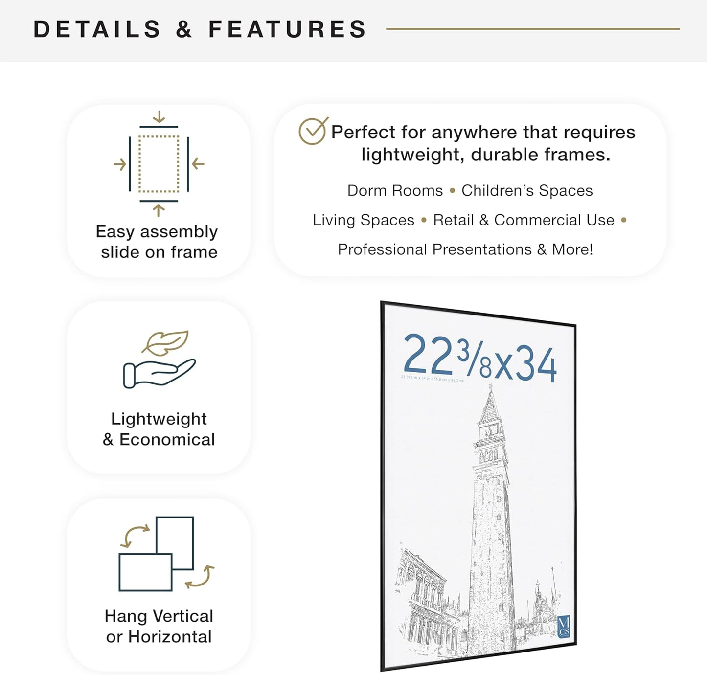 MCS Original Poster Frame 22.375x34 Black Lightweight Vertical & Horizontal Wall Hanging Large Picture Frame for Posters, Art Prints & Gallery Wall (2-Pack)