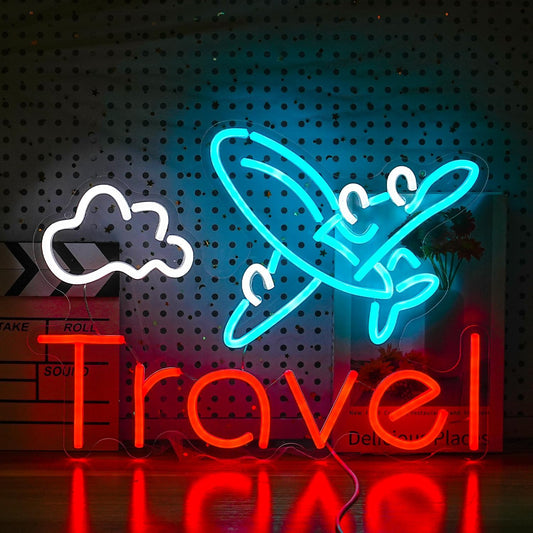 Travel Neon Sign USB Airplane LED Light Up Sign for Wall Decor Dimmable 12.2 * 16.5 In Go To Tranel Neon Light for Airport Travel Agency Bedroom(Ice Blue Red White)
