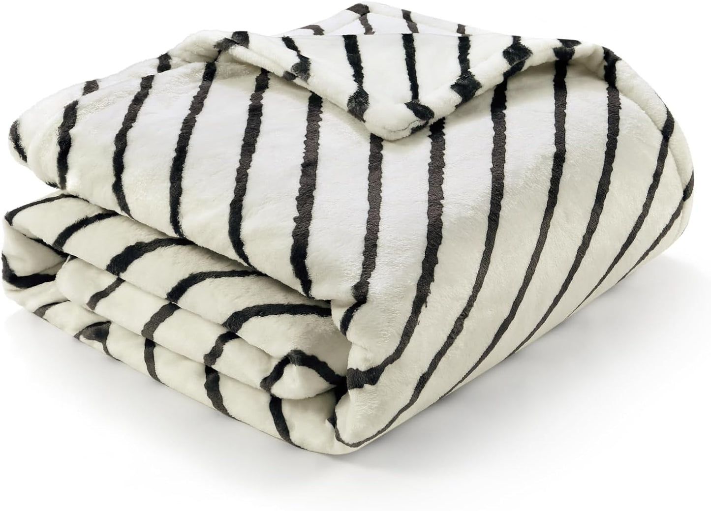 Lahome Boho Fleece Throw Blanket Black White Striped Fluffy Bed Throws Soft Cozy Warm Fuzzy Throw Blanket Reversible Blankets for Couch Sofa, Off White 50''x60''