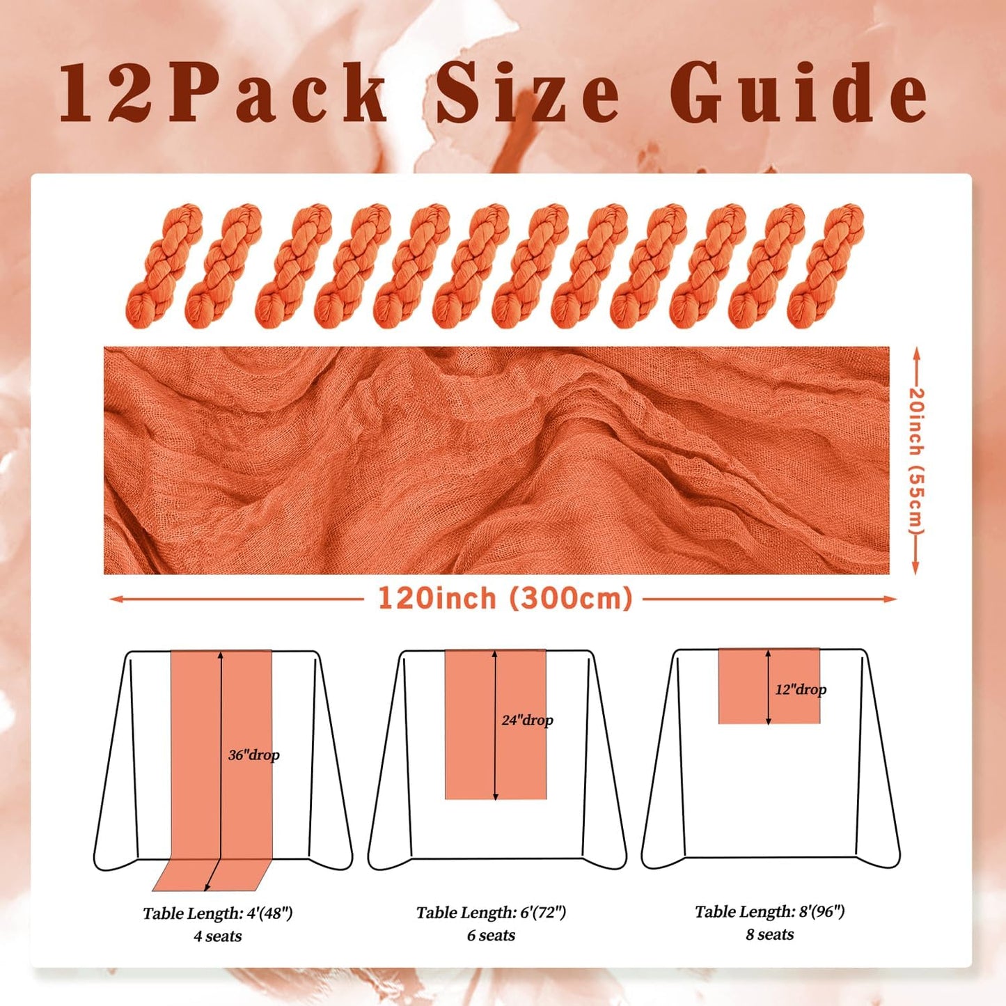 Orange Cheesecloth Table Runner 12 Pack 10FT Boho Fabric Rustic Cheese Cloth Table Runner for Wedding 20 x 120 Inch Long Bridal Shower Baby Shower Gauze Sheer Birthday Party Table Decorations