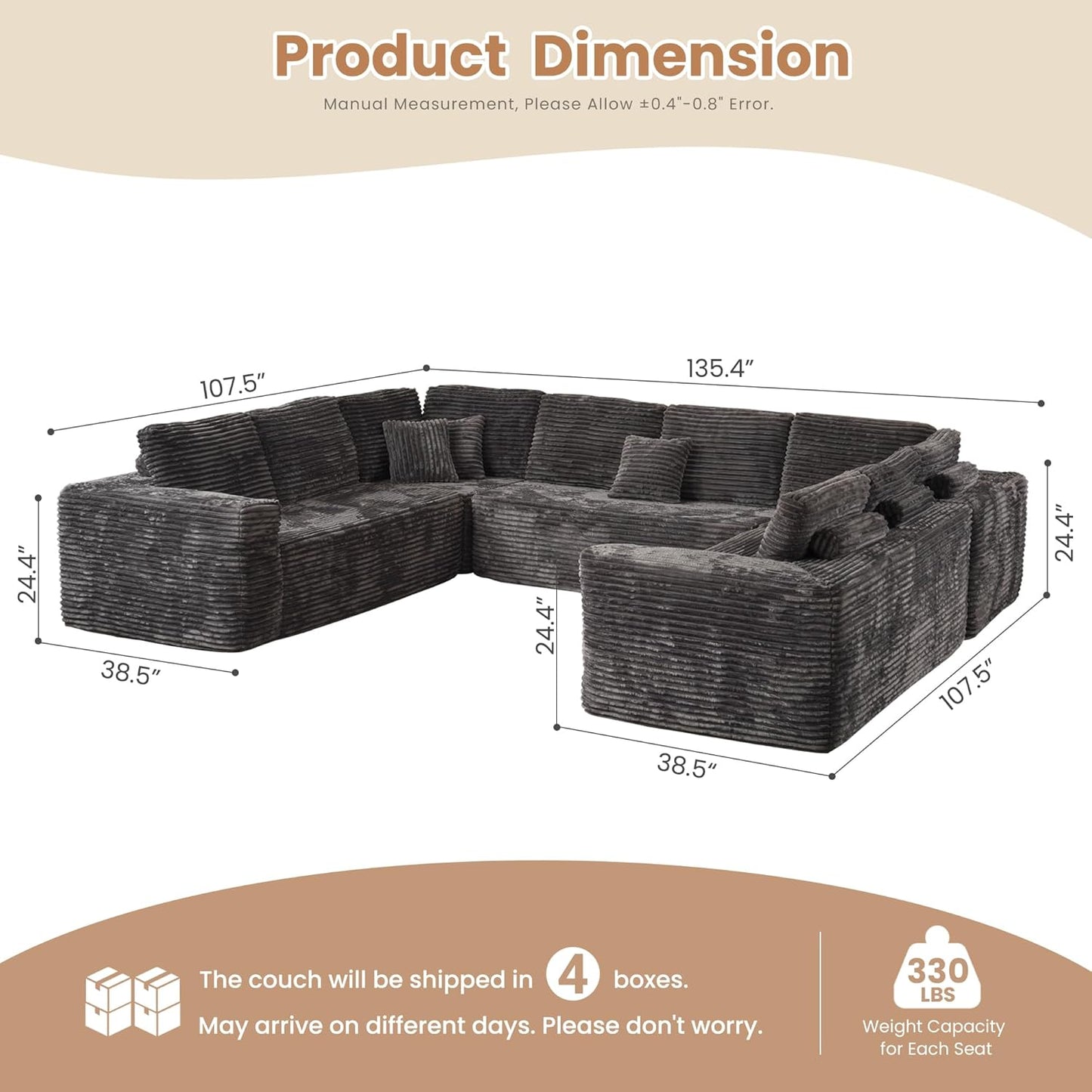 HOOOWOOO Cloud Sectional Couches for Living Room,Modular Sectional Sofa No Assembly,136X110 Inch Plush Corduroy Large U Shaped Floor Couch Set with Deep Seat(Gray)