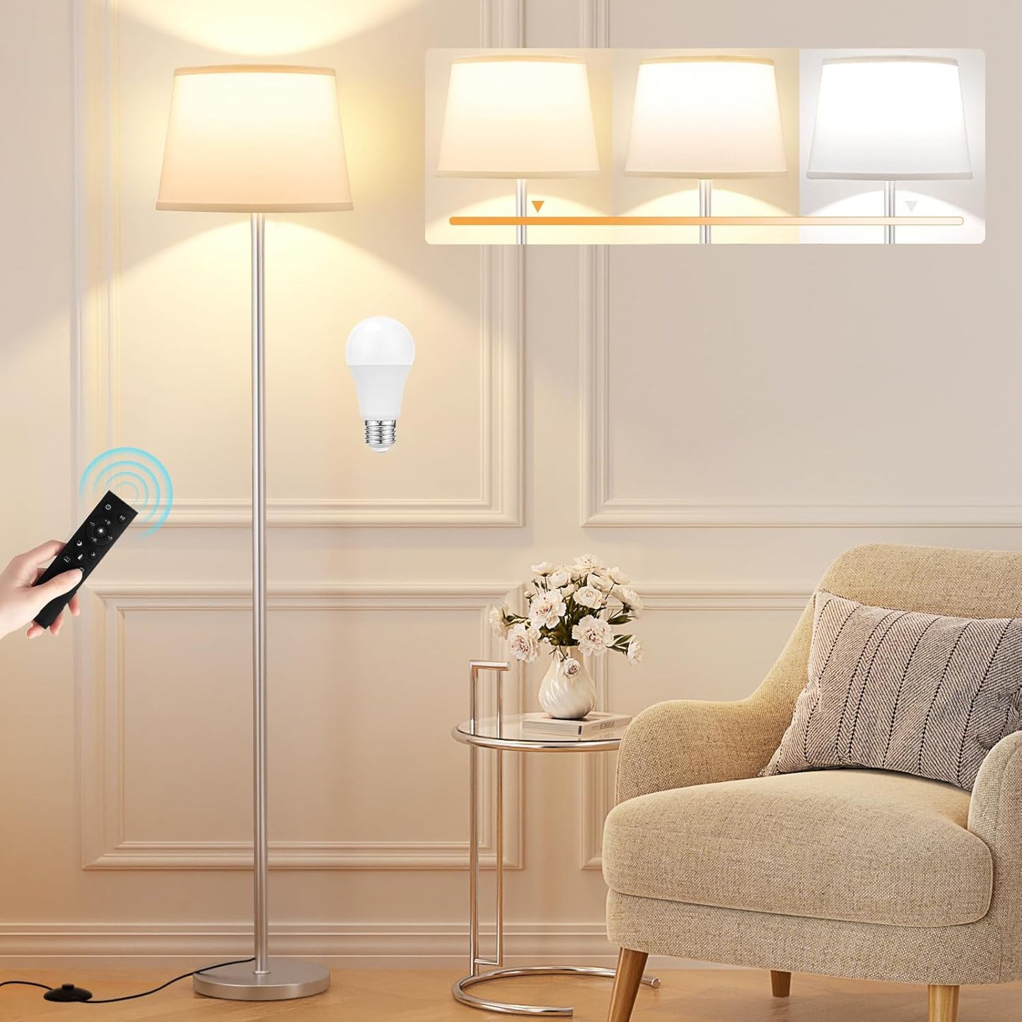 【Upgraded】Floor Lamps for Living Room, Modern Floor Lamp with Remote Control, Dimmable Colors Temperature Standing Lamp Foot Switch, 9W Bulb Tall Lamps for Bedroom Office Kid Room - Silver