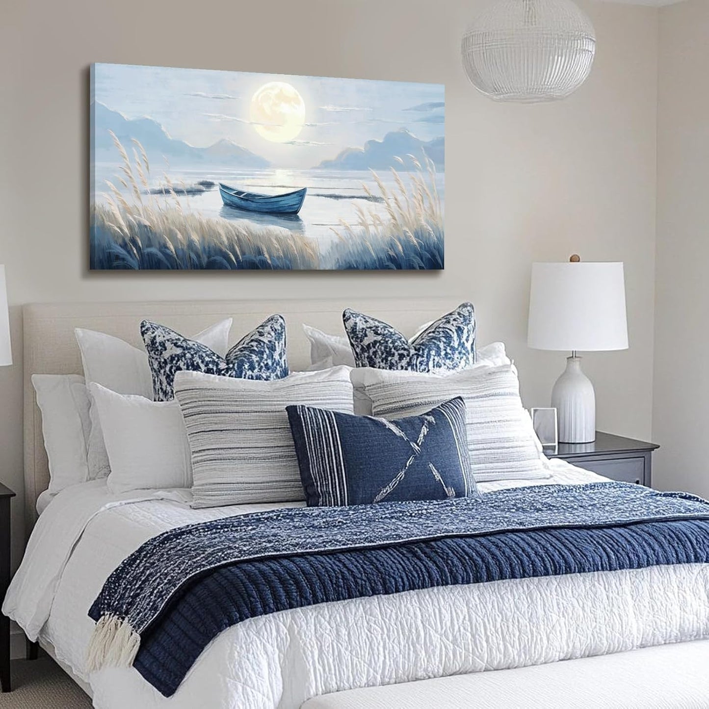 Large Wall Art for Living Room Bedroom Decor - Modern Nautical Beachy Ocean Beach Seascape Nature Artwork with Blue Boat Moon Lake Mountain Sea - Relaxing Serene Canvas Picture for Coastal Rustic Home