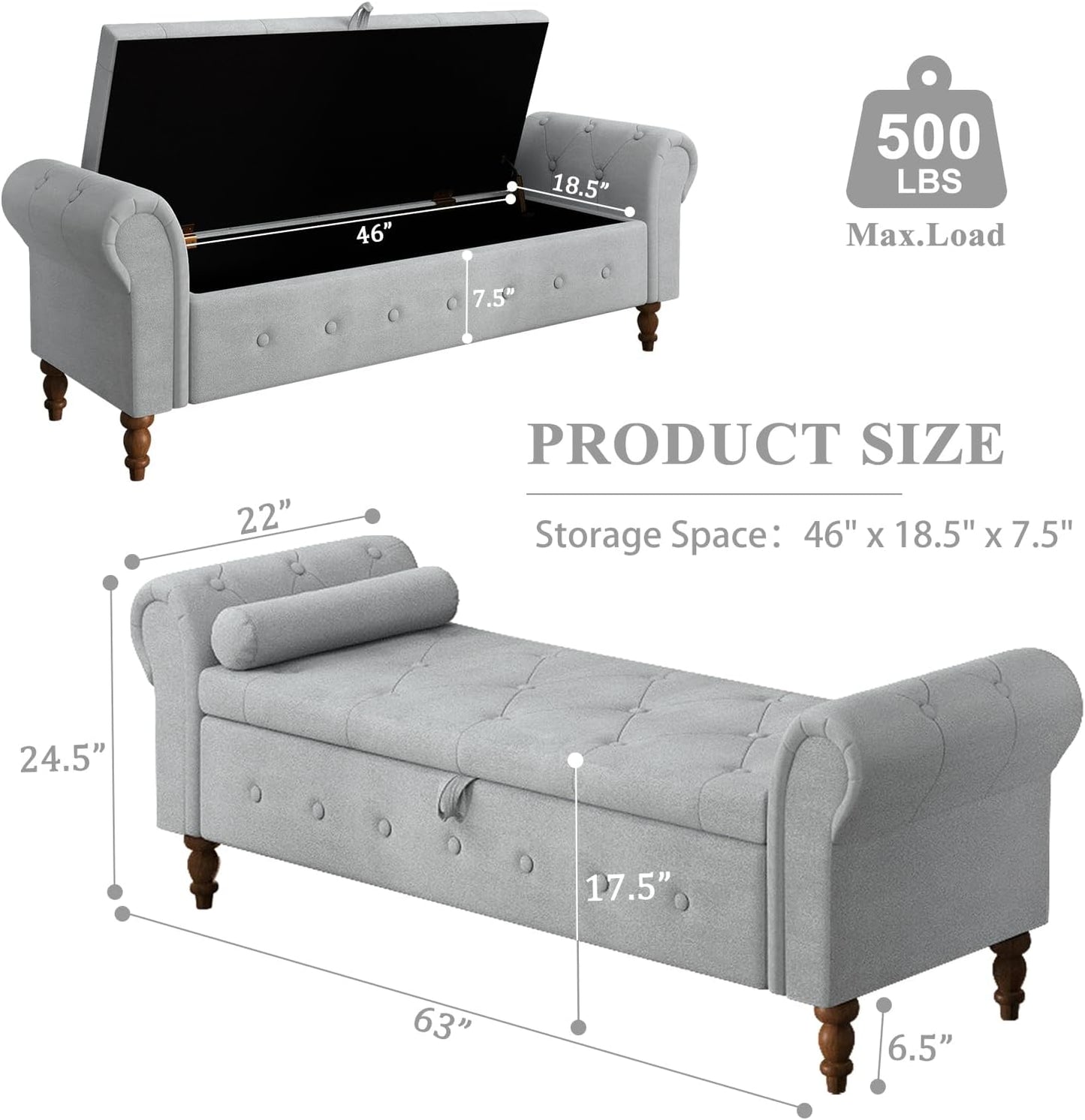 Storage Ottoman Bench for Bedroom, 63" End of Bed Bench with Rolled Arms Upholstered Ottoman Bench Fit for Bedroom, Living Room, Entryway, Velvet Light Gray