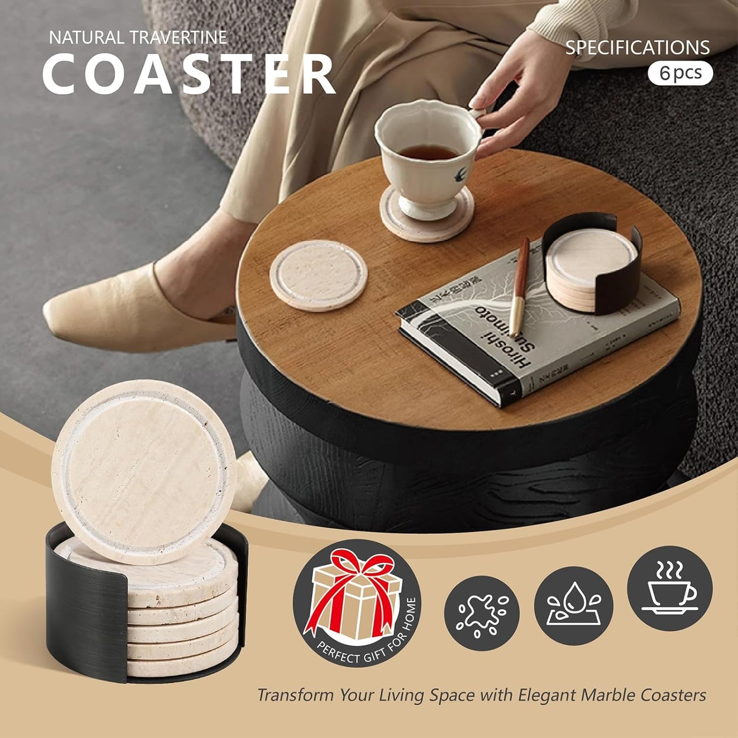 Marble Coasters Set of 6, Absorbent Stone Drink Coasters with Cork Backing, Non-Slip Modern Table Decor for Kitchen & Living Room, Natural Travertine Coasters for Drinks