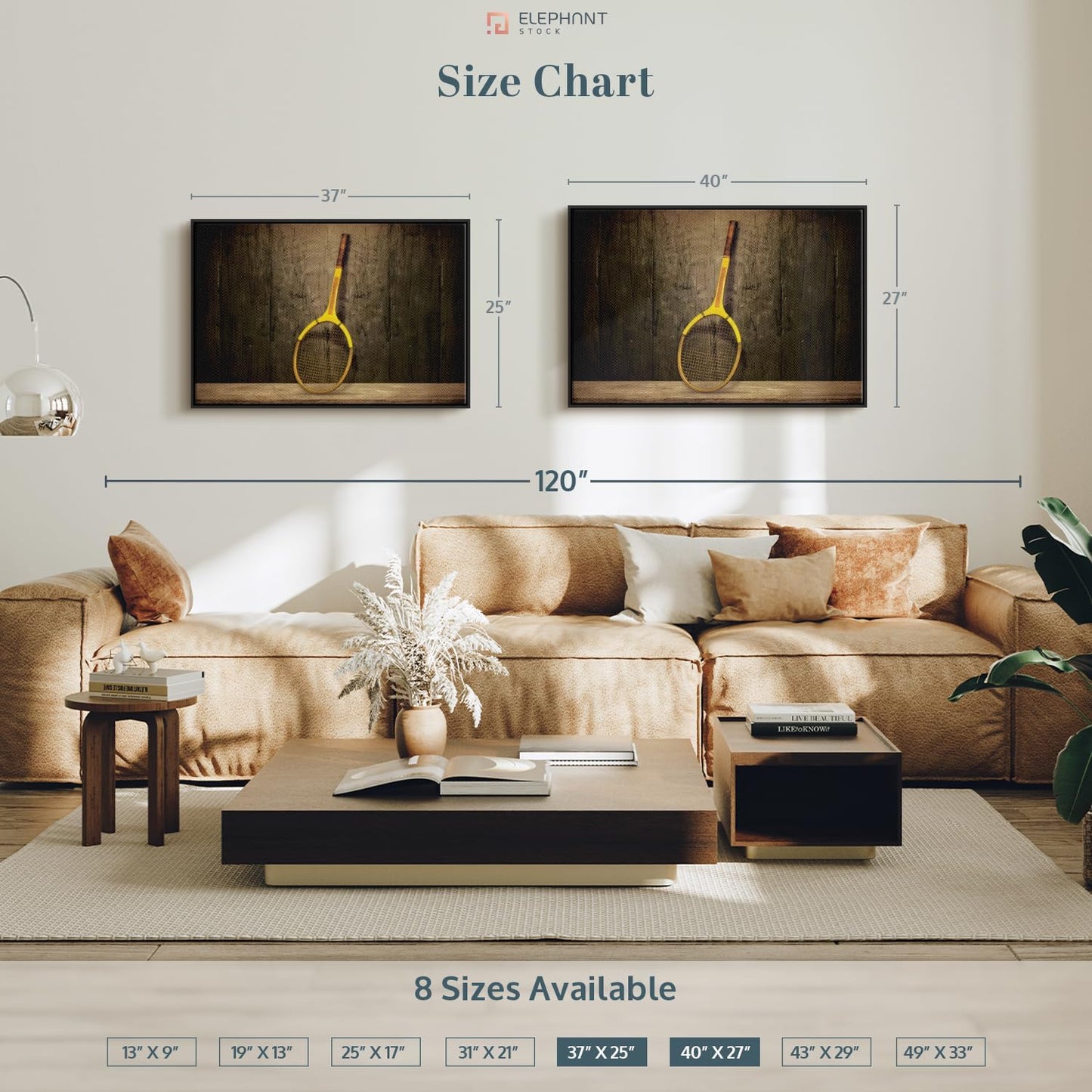 ElephantStock Vintage Tennis Racket Wall Art - Horizontal Framed Canvas - 1-Piece Living Room Wall Decor - Photography Sports Canvas Print - Brown and Black Decor for Wall - 37" X 25"