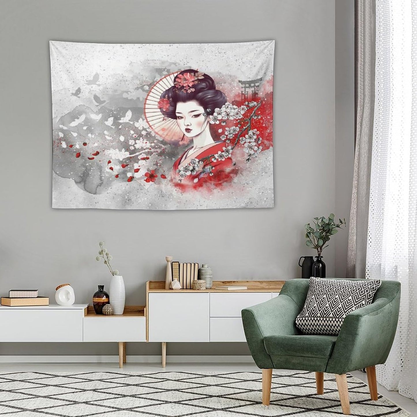 Japanese Geisha Tapestry Asian Red Cherry Blossom Traditional Kimono Folk Tapestries Home Decor for Living Room Bedroom Apartment Farmhouse Dorm 40"x30"