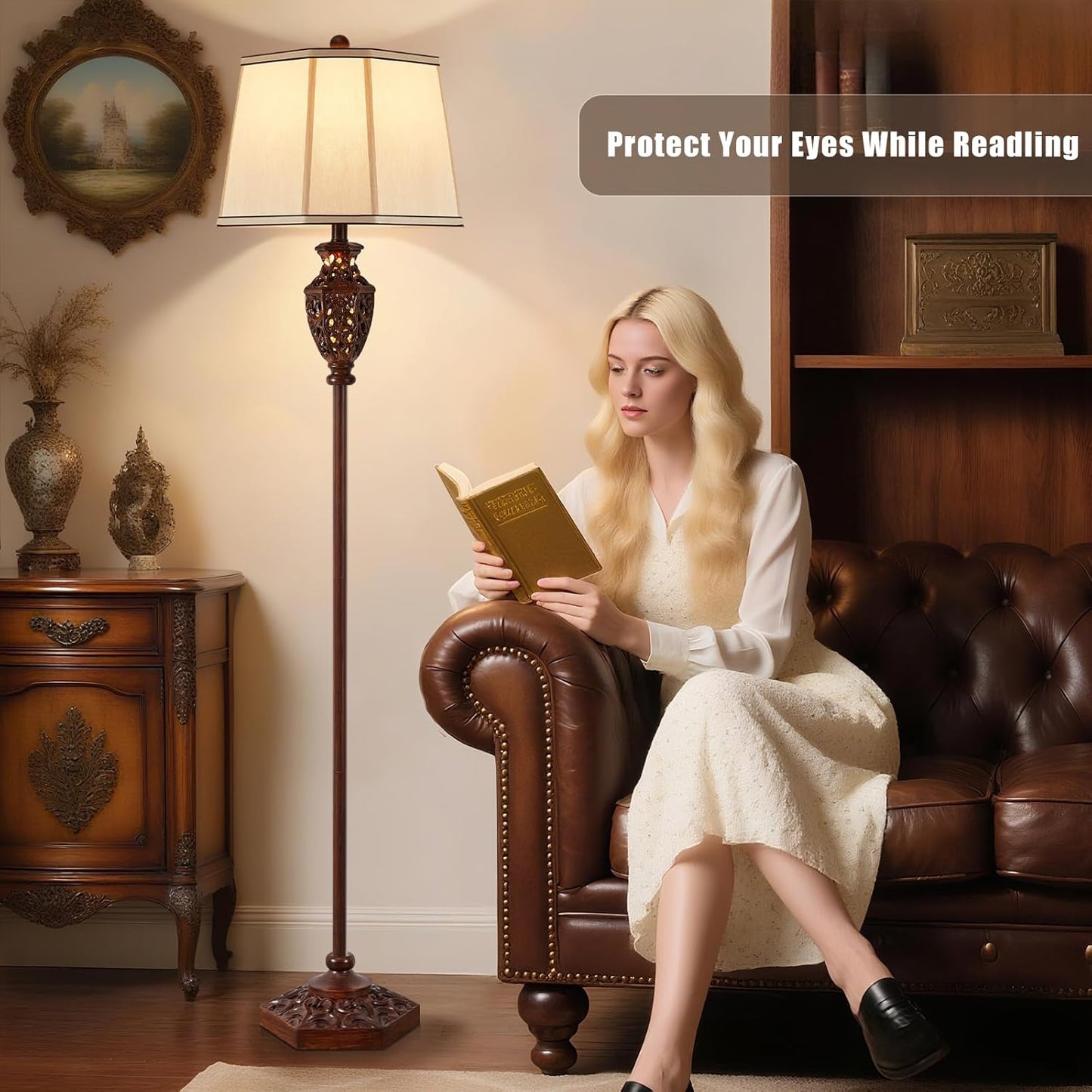 Luvkczc Vintage Floor Lamp - Brown Resin 6-Sided Carved Hollow Light Design, Mid-Century Modern Standing Lamp for Living Room, Bedroom, Study(Bulb Included)