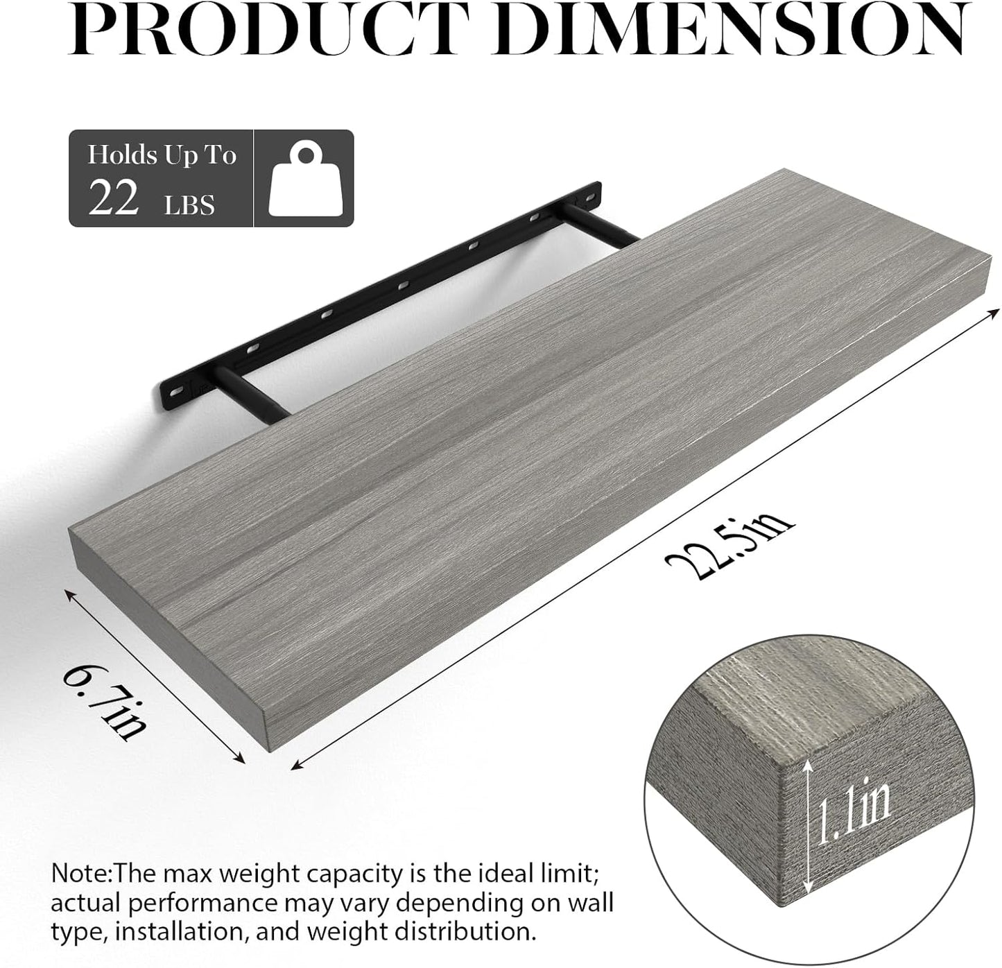 BAYKA Floating Shelves for Wall, 22.5 inches Wall Mounted Rustic Wood Shelves for Bathroom, Bedroom, Living Room, Floating Shelves for Books/Storage/Decor (Grey,Set of 3)