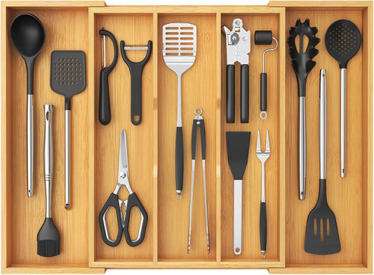 Lifewit Utensil Organizer for Kitchen Drawer, Expandable Cooking Utensil Tray, Bamboo Cutlery Silverware Flatware Holder, Adjustable Spatula Tools Gadget Storage Divider, 28 x18.5 x 2 inches, Natural