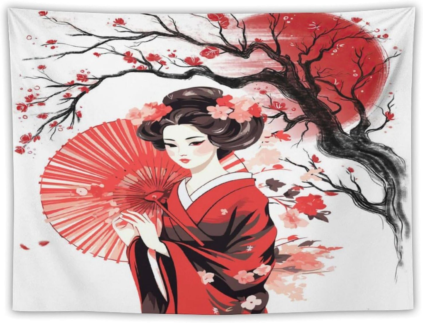 Japanese Red Geisha Tapestry Asian Cherry Blossom Traditional Kimono Folk Tapestries Home Decor for Living Room Bedroom Apartment Farmhouse Dorm 40"x30"