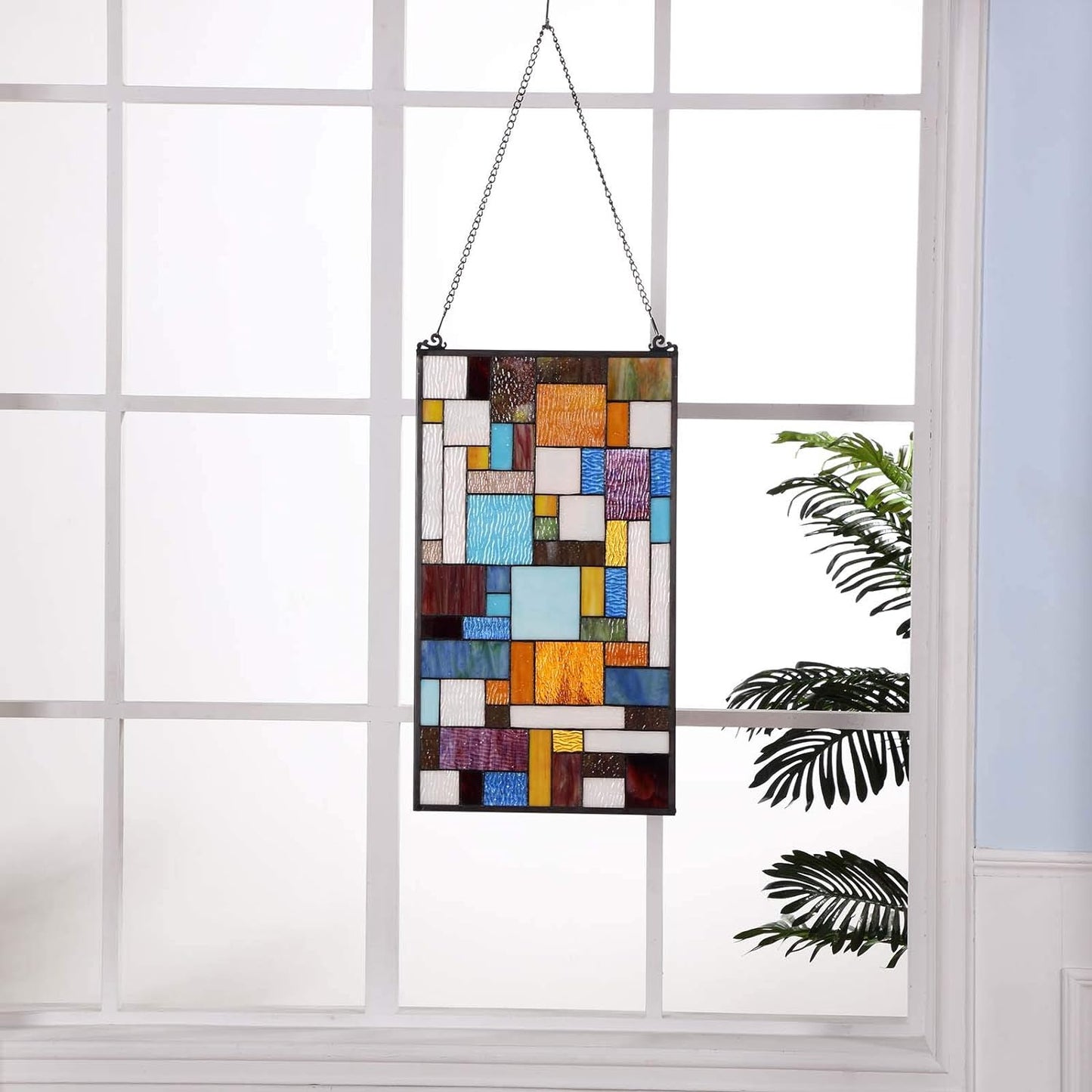 Bieye Geometric Color Block Tiffany Style Stained Glass Window Panel with Hanging Chain (13x24 inches W10024)