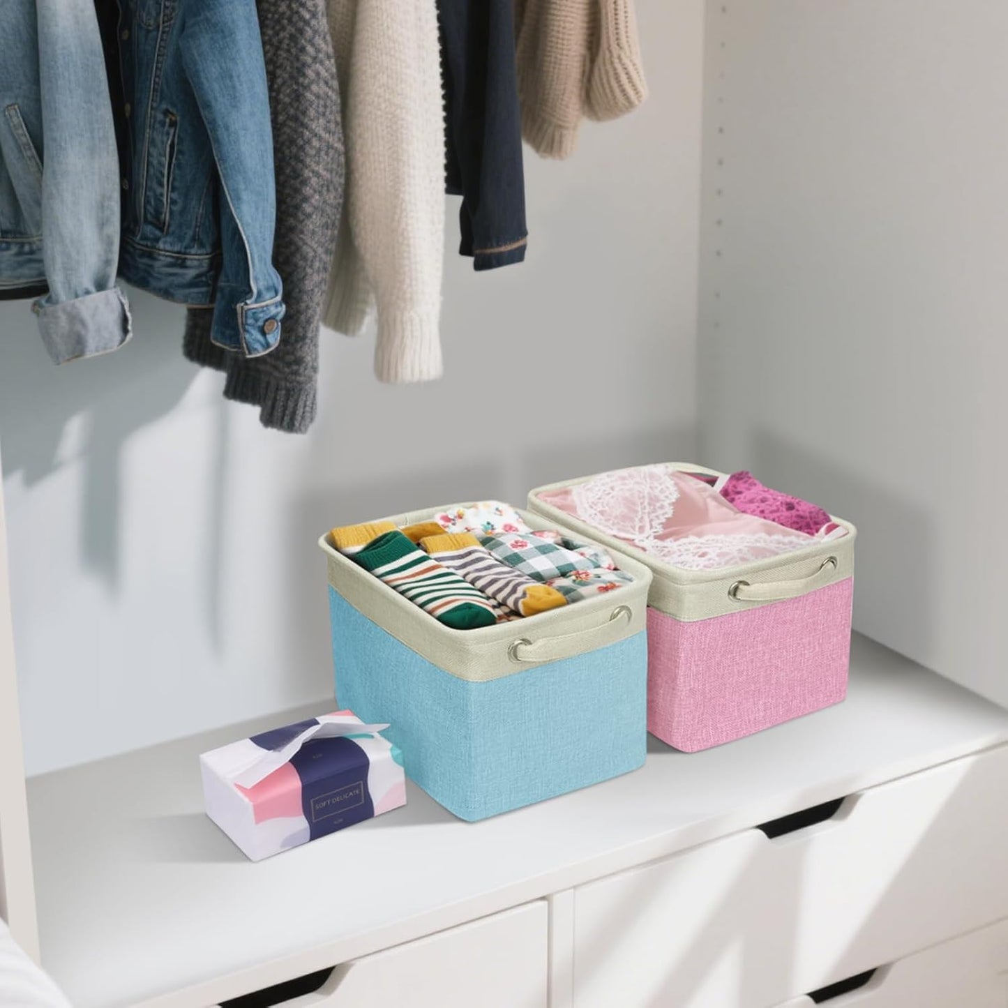 BALEINE 4 Pack Fabric Storage Bins for Shelves, Linen Storage Baskets for Organizing, Decorative Closet Bins for Clothes, Home (Pink, 12"x8"x8")
