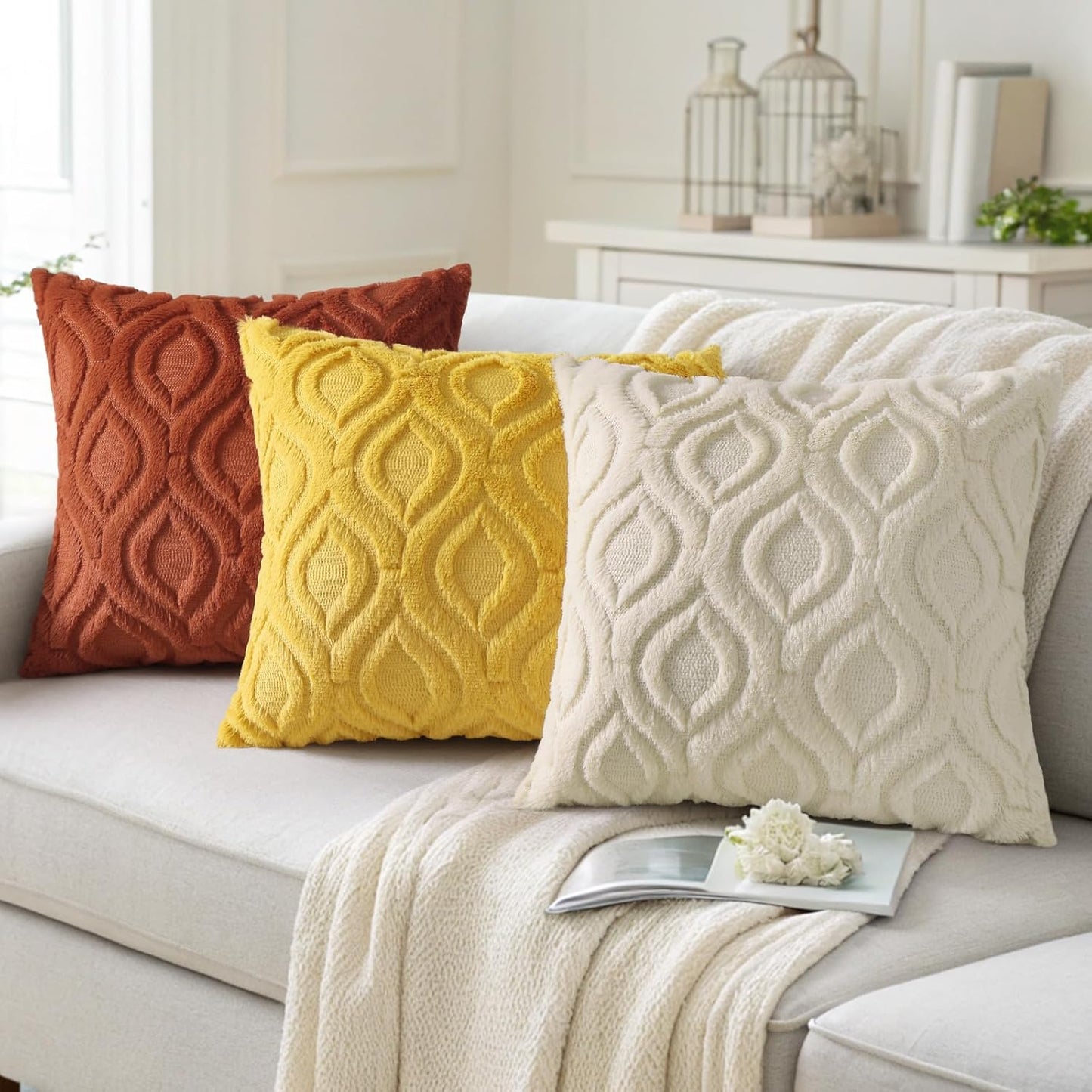 decorUhome Throw Pillow Covers 24x24 Inch Set of 2, Soft Plush Decorative Faux Fur Mustard Yellow Solid Couch Pillow Covers, Accent Farmhouse Neutral Square Euro Pillow Cases for Sofa Bed Living Room