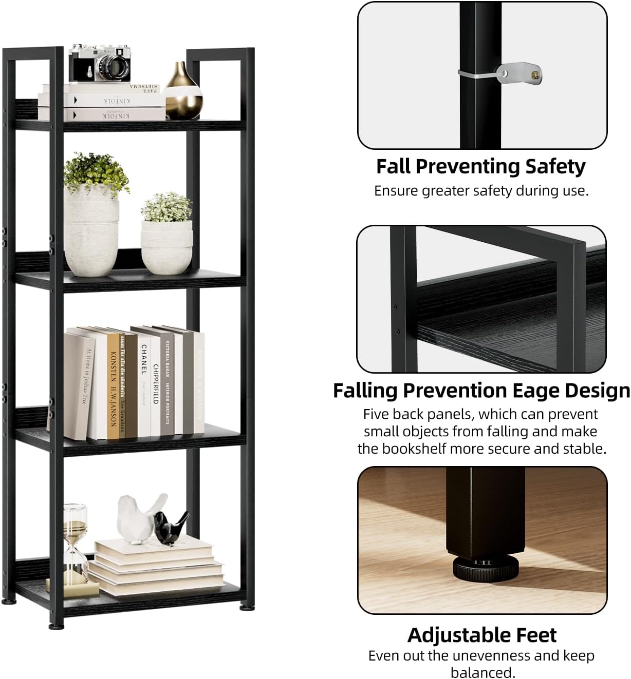 NUMENN Narrow Bookshelf, 4 Tier Bookshelves, Home Office Bookcase Shelf Storage Organizer, Free Standing Storage Shelving Unit for Bedroom, Living Room and Home Office, Black