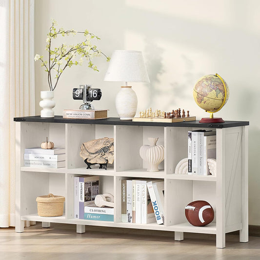 8 Cube Book Shelf, Farmhouse Wood Long Storage Organizer Bookcase, 62" Horizontal Antique White & Black Console Bookshelf, Kids Toy Storage Cabinet, Modern Open Book Case for Playroom, Office