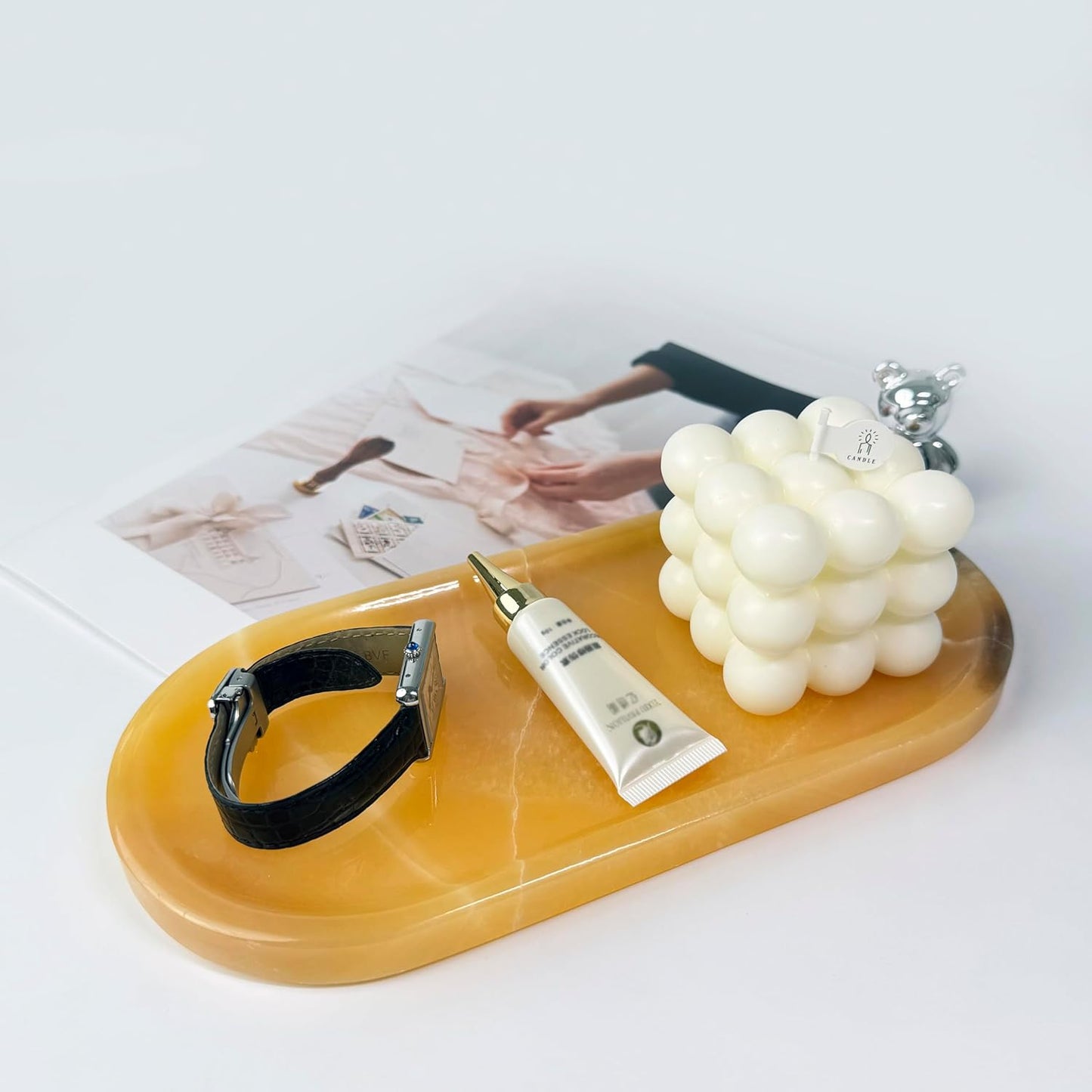 JINGJU Orange Jade Marble Oval Tray 10x5inches, Natural Stone Decorative Tray for Jewelry, Candle, Bathroom Counter, Coffee Table